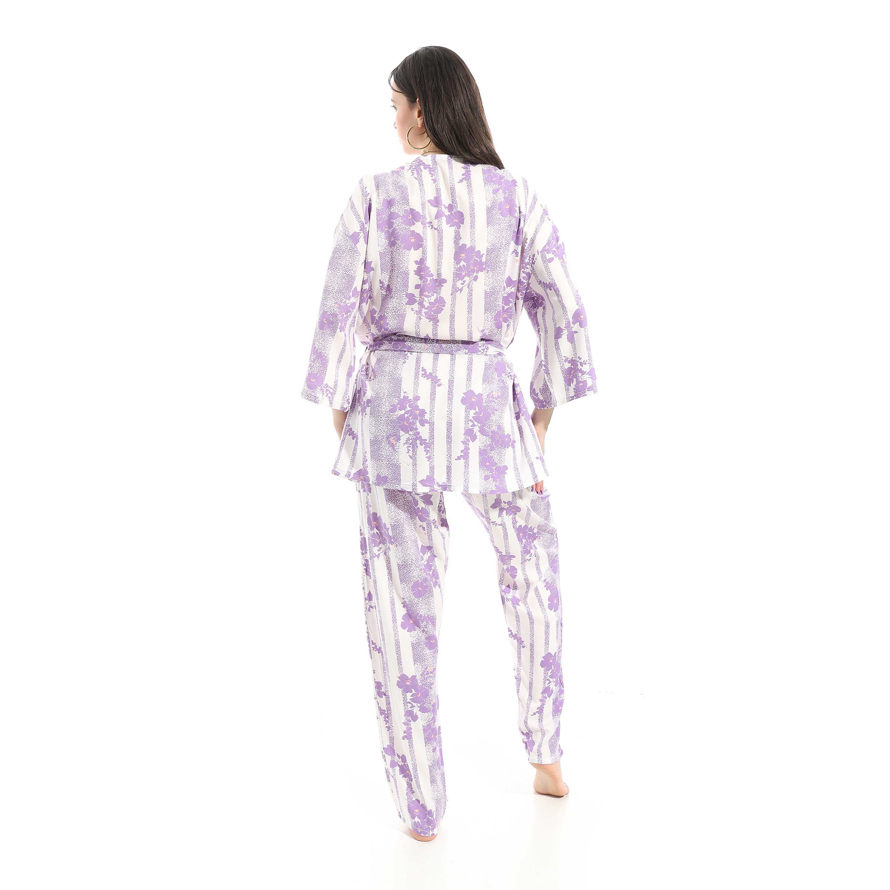 3-Piece Purple Cotton Pajama Set for Women - Image 2