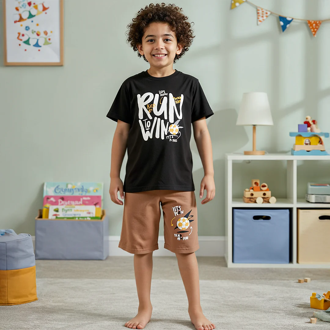 Boys Printed Colorful Summer & Shorts Pajama Set - Black & Cafe
