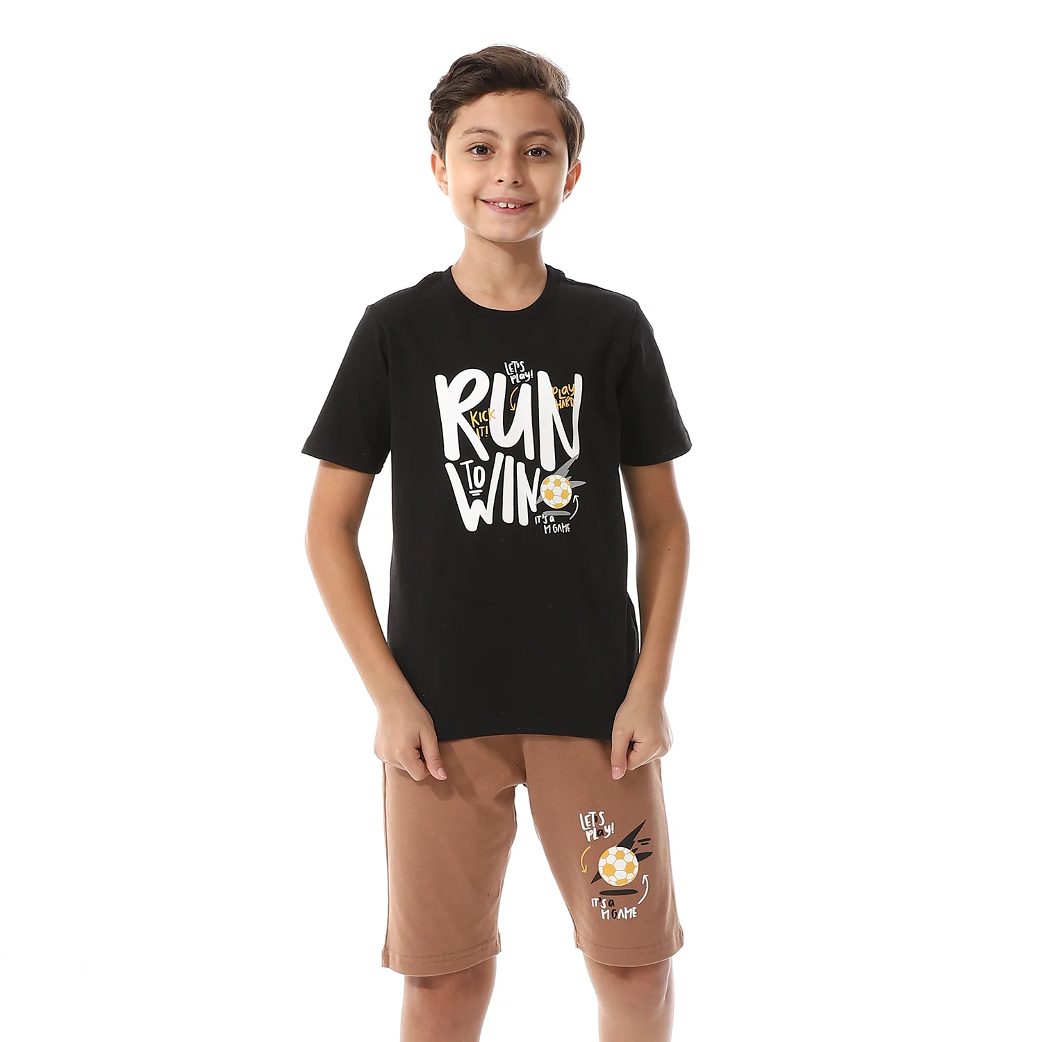 Boys Printed Colorful Summer & Shorts Pajama Set - Black & Cafe - Image 2