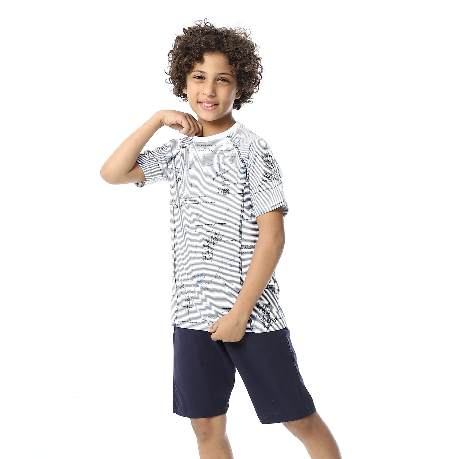 Boys Short Sleeves Tee & Slip On Shorts Pajama Set - White & Navy - Image 4