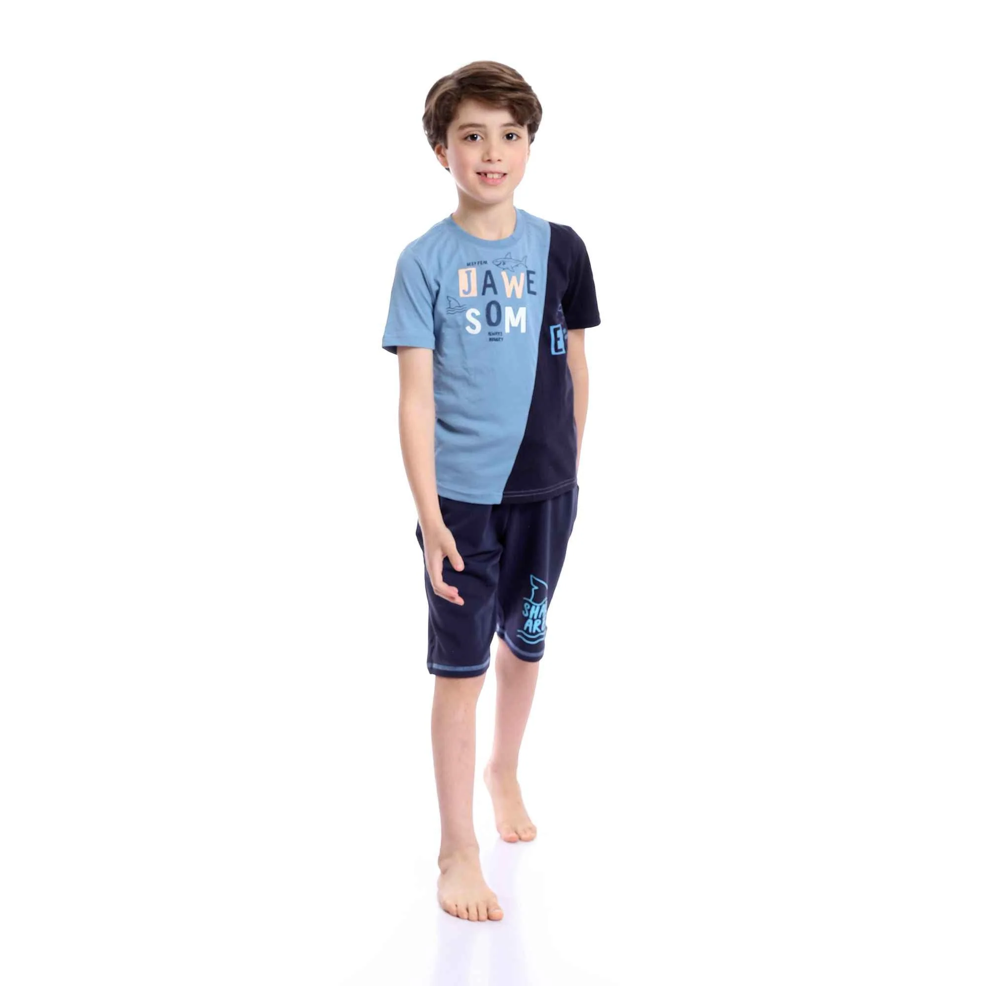Boys Summer Cotton Tee & Shorts Pajama Set - Baby Blue & Navy Blue - Image 4