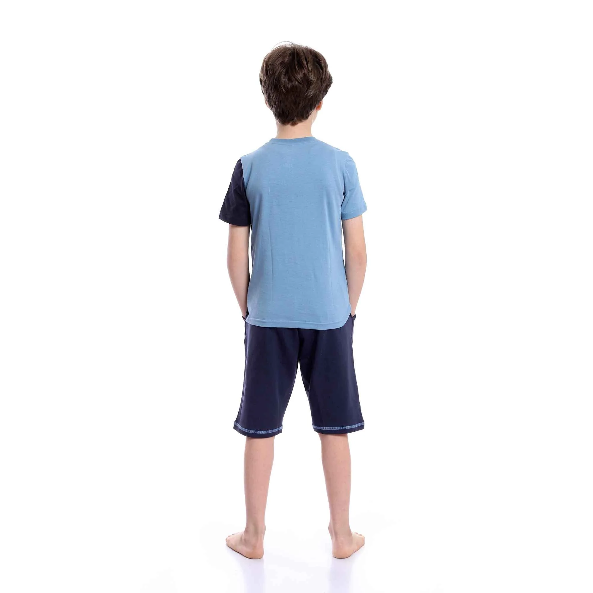 Boys Summer Cotton Tee & Shorts Pajama Set - Baby Blue & Navy Blue - Image 5