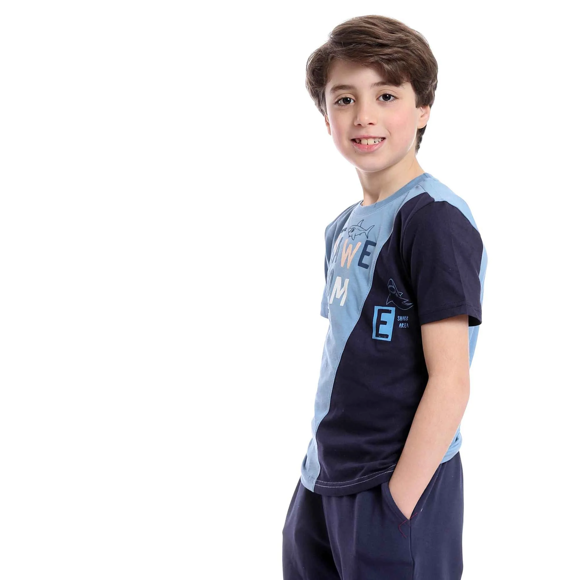Boys Summer Cotton Tee & Shorts Pajama Set - Baby Blue & Navy Blue - Image 9