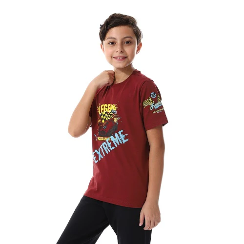 Boys Summer Pajama Pants And Half Sleeves - Dark Red - Image 3