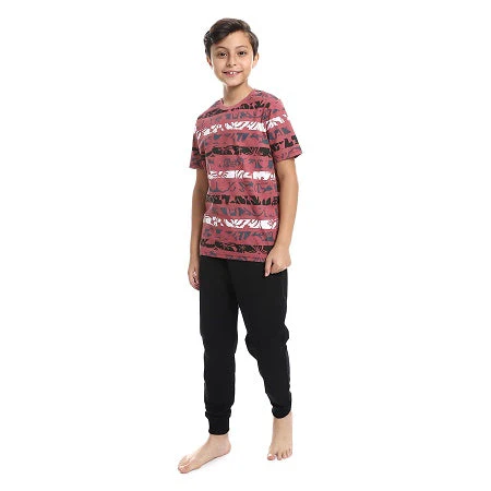 Boys Tri-Tone Floral & Pants Pajama Set - Dark Red & Black - Image 3