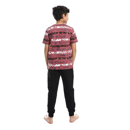 Boys Tri-Tone Floral & Pants Pajama Set - Dark Red & Black - Image 4