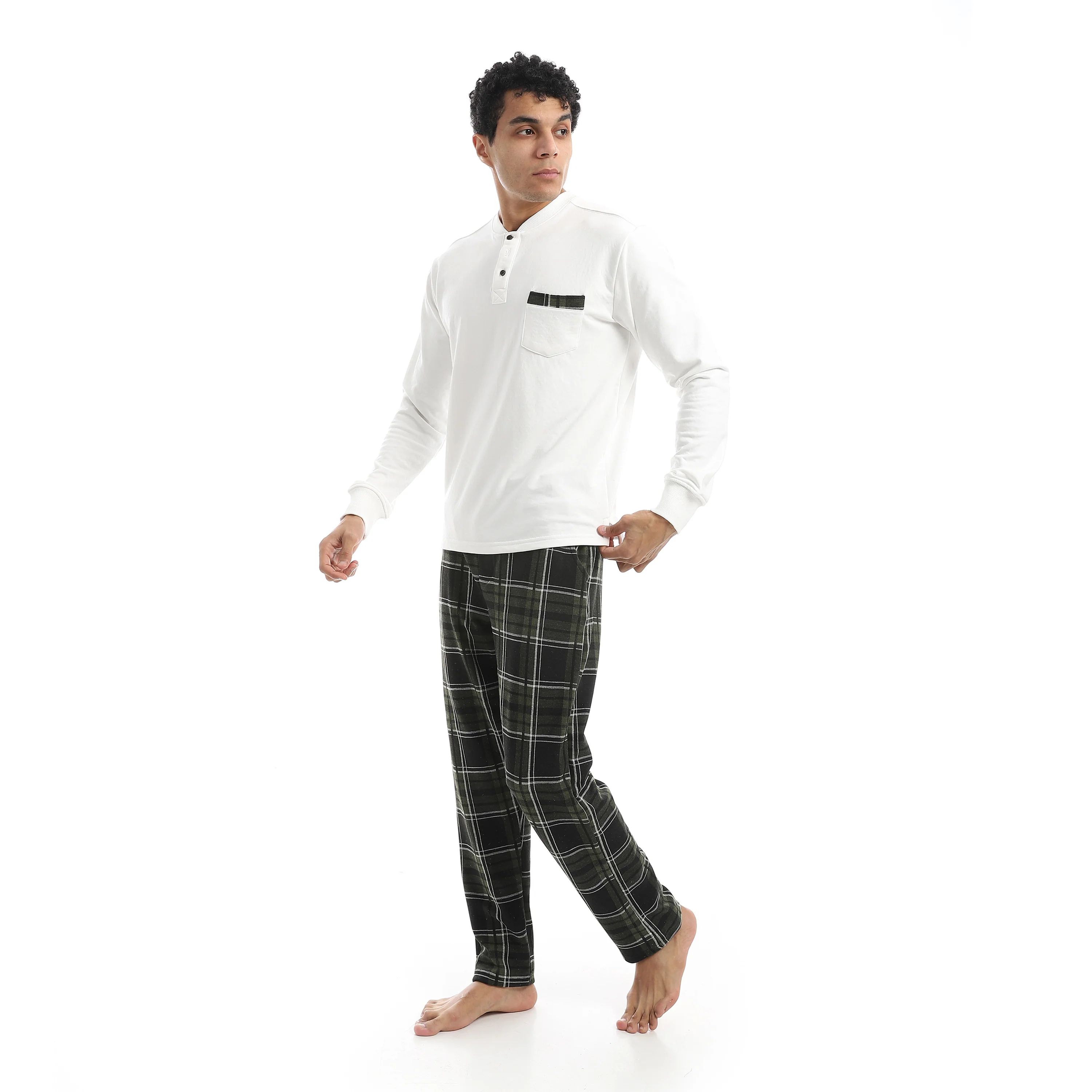 Classic Men’s Pajama Set – Long Sleeve Top & Check Pants - Red cotton - Image 2