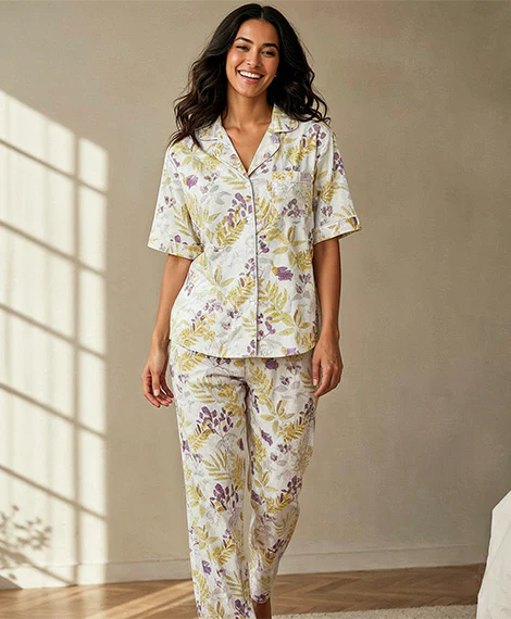 Elegant & Cozy Sleep Set: Light Floral Print Short-Sleeve Top + Matching Pants