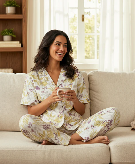 Elegant & Cozy Sleep Set: Light Floral Print Short-Sleeve Top + Matching Pants - Image 3