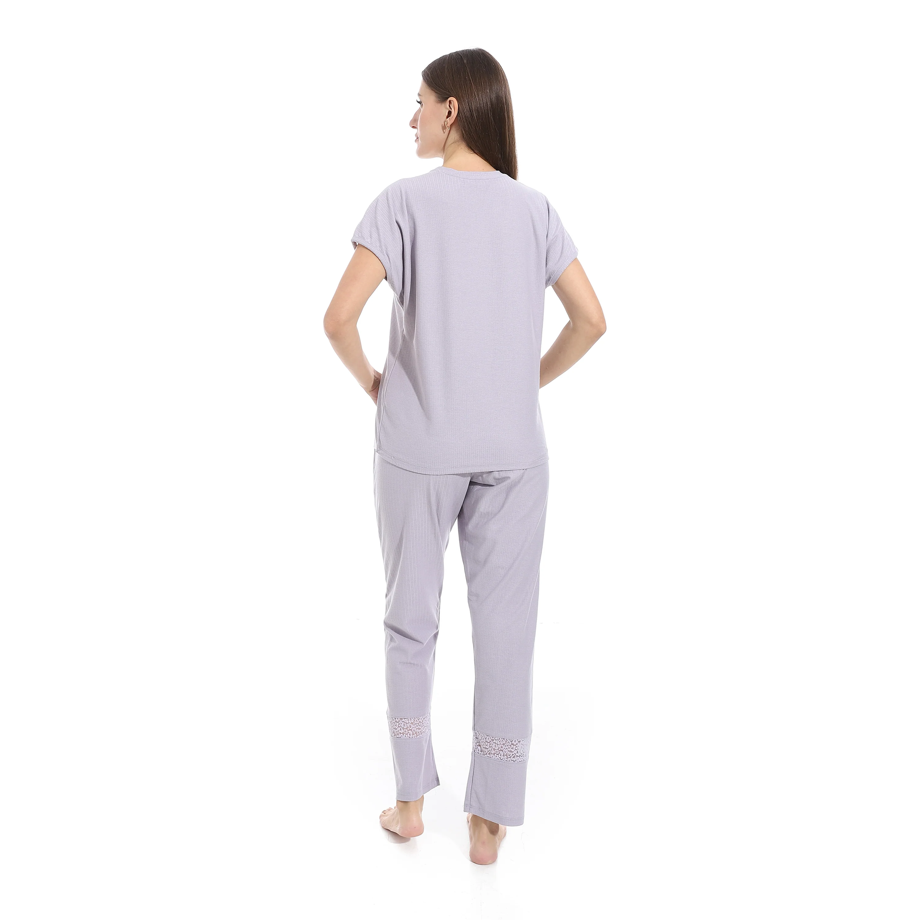 Elegant Summer Jacquard Pajama Set with Lace Detailing - Lavender - Image 2