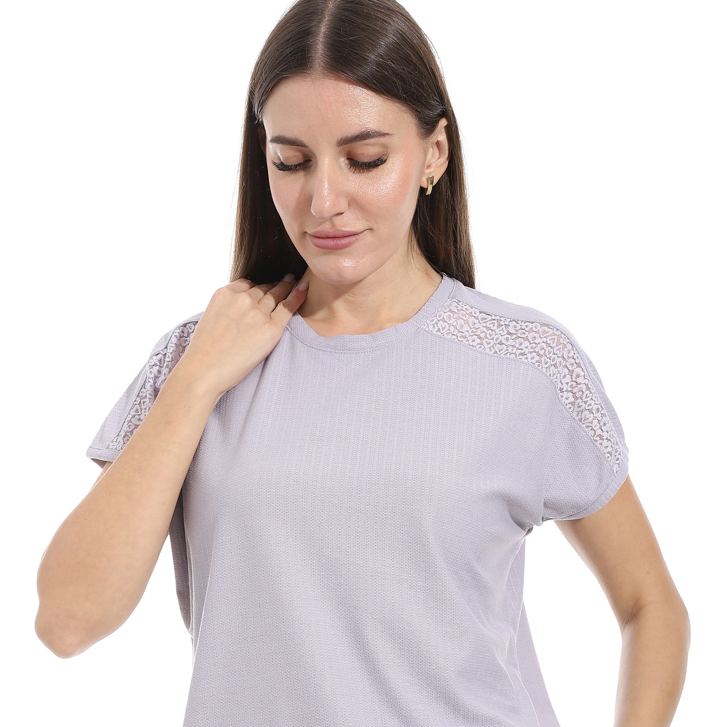 Elegant Summer Jacquard Pajama Set with Lace Detailing - Lavender - Image 3