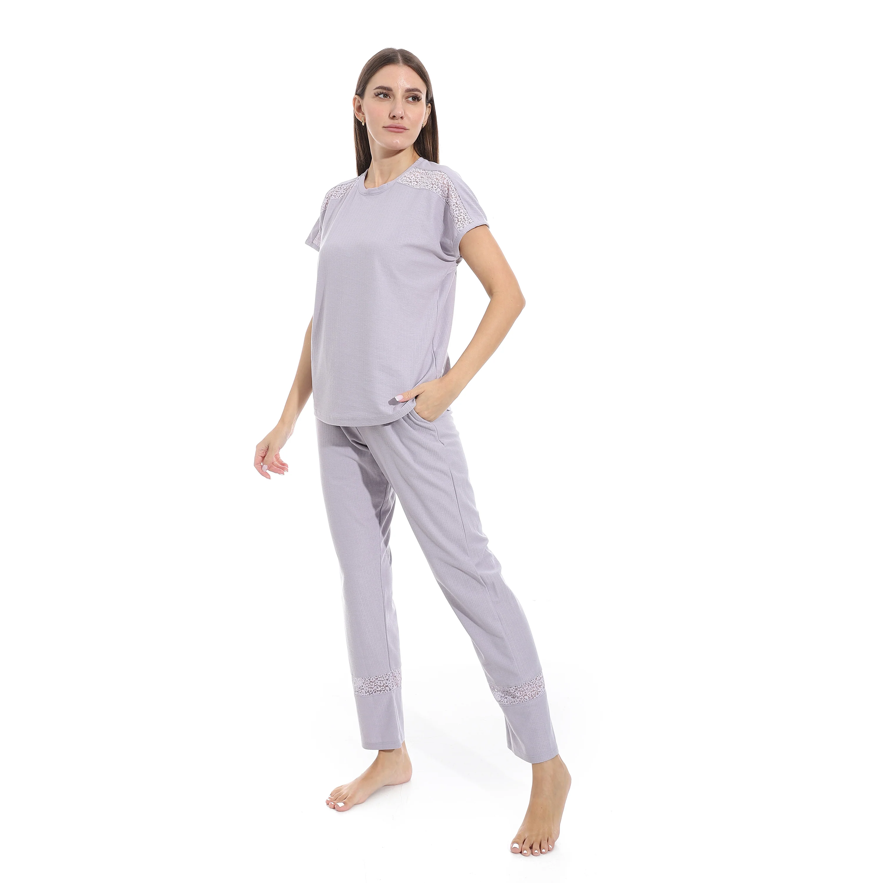 Elegant Summer Jacquard Pajama Set with Lace Detailing - Lavender - Image 4