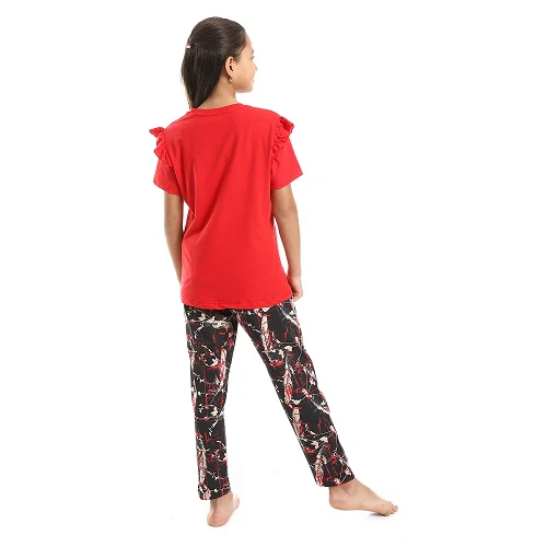 Girls Ruffled Shoulders & Patterned Pants Pajama Set - Red - Image 3