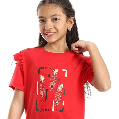 Girls Ruffled Shoulders & Patterned Pants Pajama Set - Red - Image 6