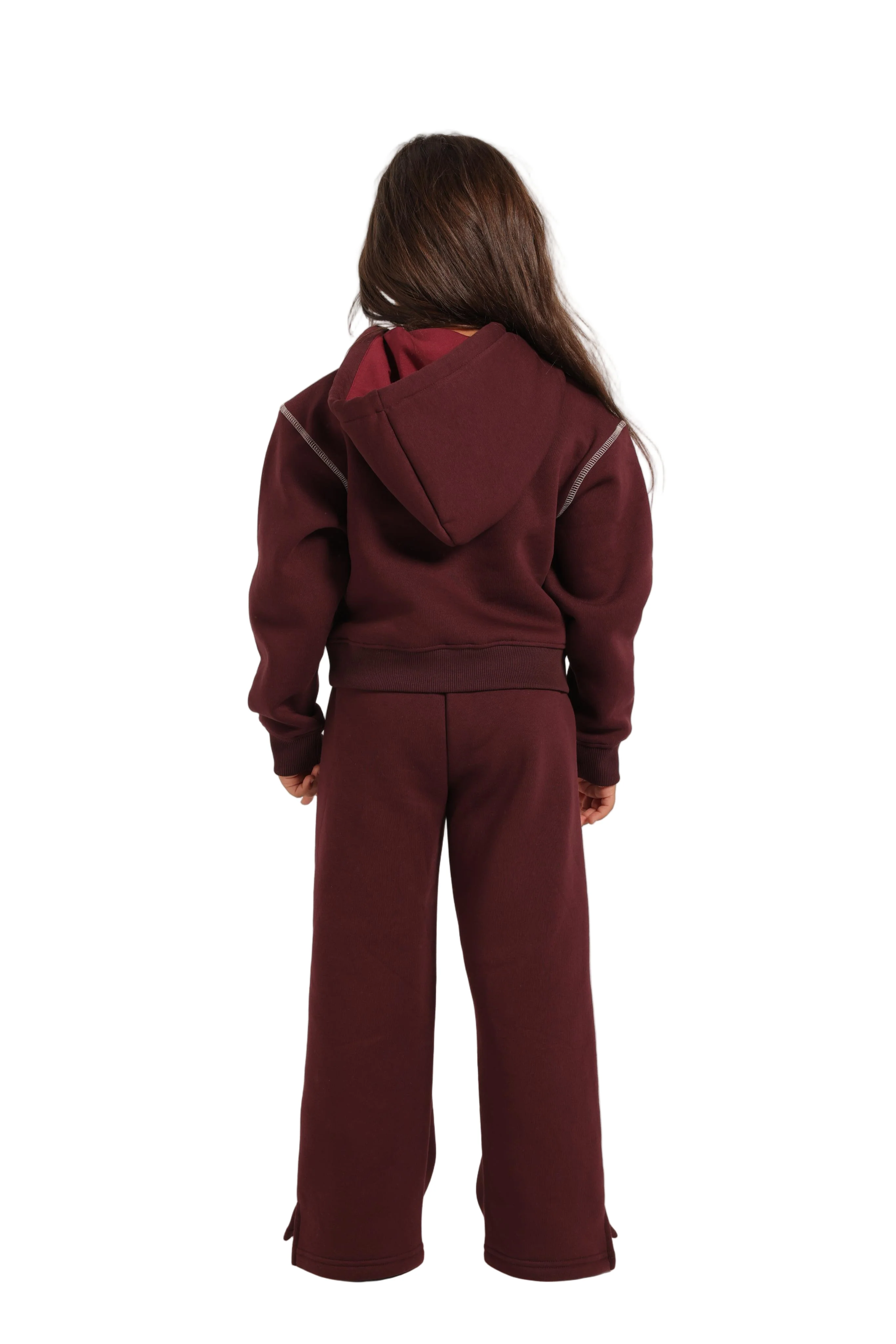Girls' Winter Pajama Set –Burgundy Hoodie and Burgundy Wide-Leg Pants - Image 3