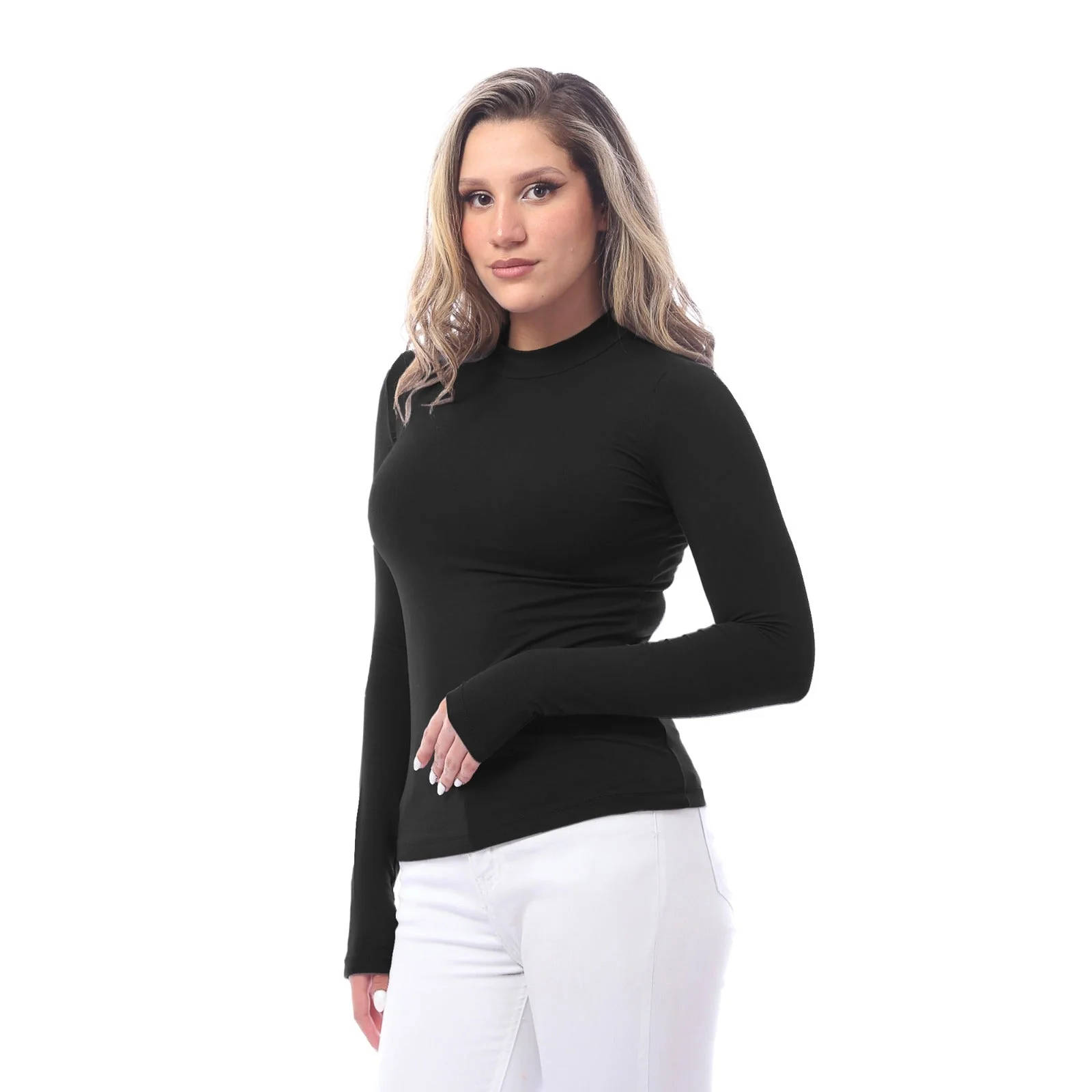 High Neck Long Sleeve T-Shirt For Women - Black - Image 5