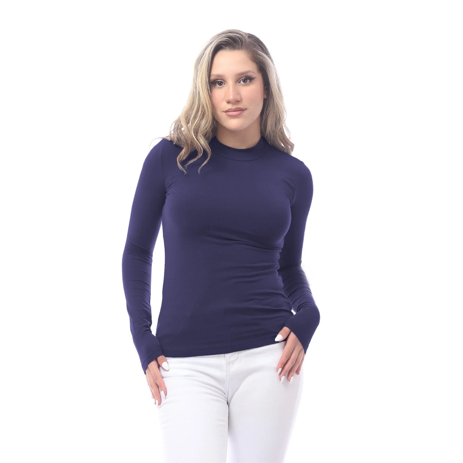 High Neck Long Sleeve T-Shirt For Women - Navy - Image 10