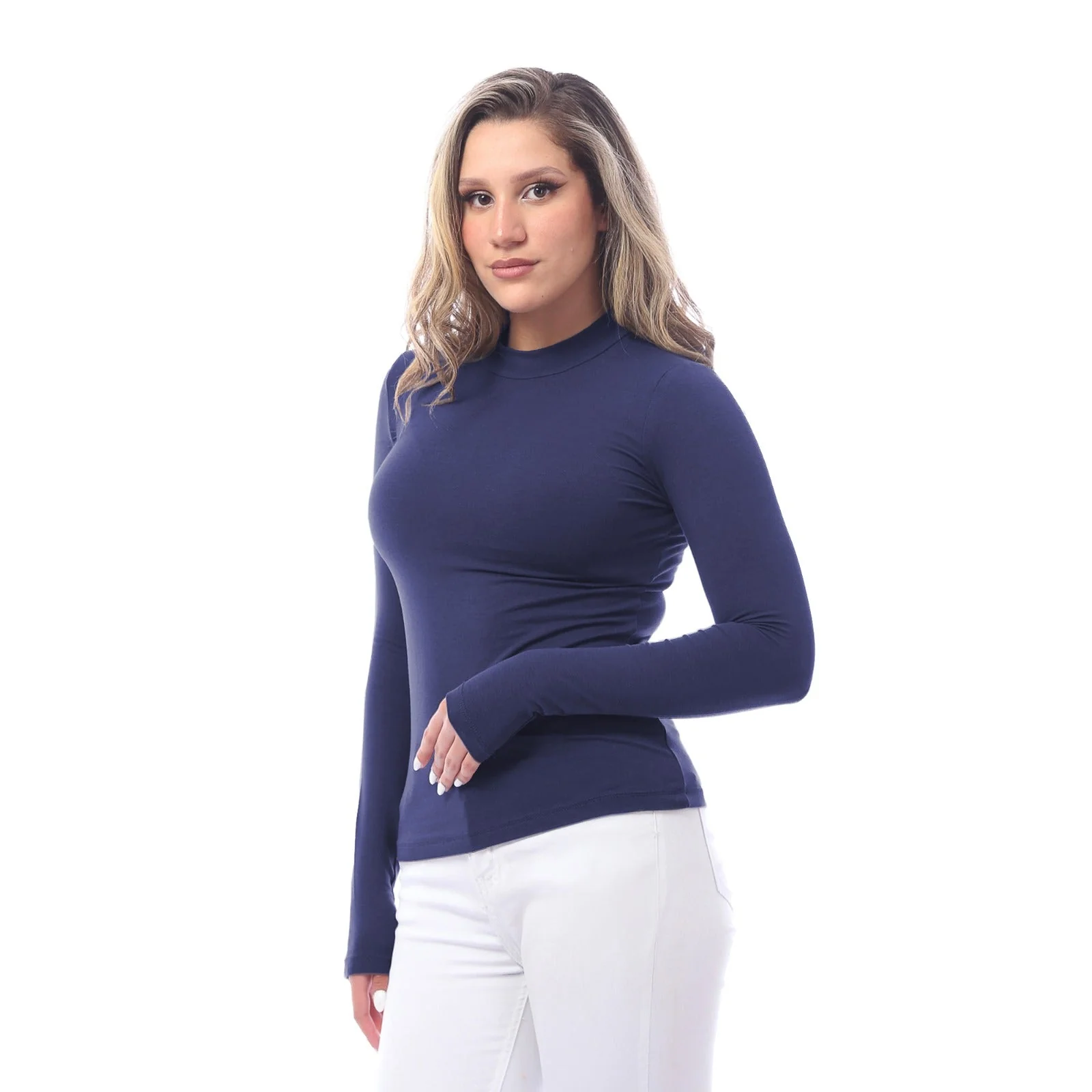 High Neck Long Sleeve T-Shirt For Women - Navy - Image 5