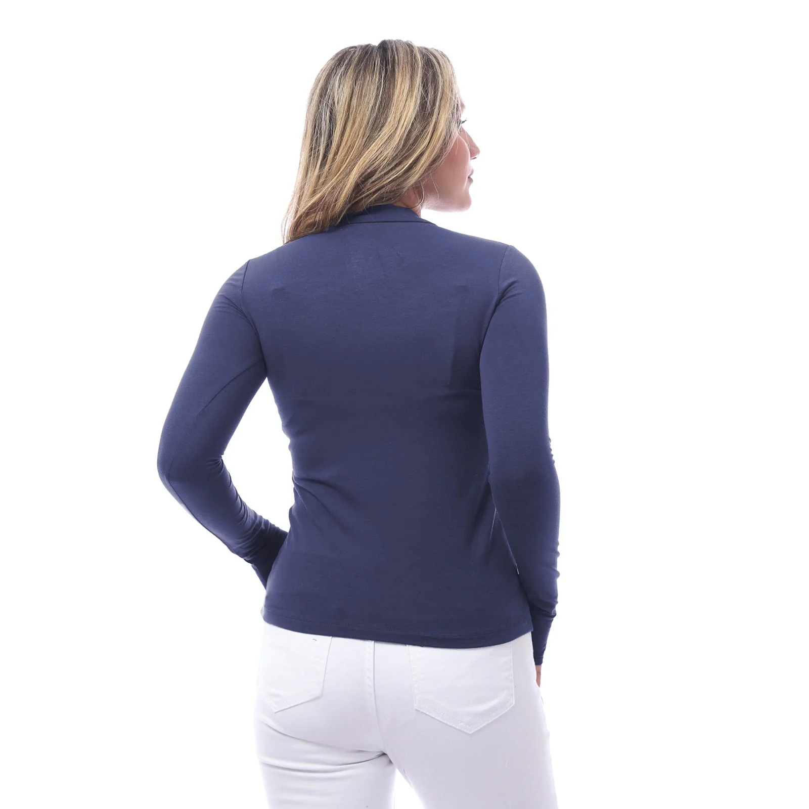 High Neck Long Sleeve T-Shirt For Women - Navy - Image 9