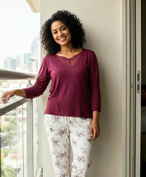 Lace-V-neck Top + Floral Pajama Pants - Image 2