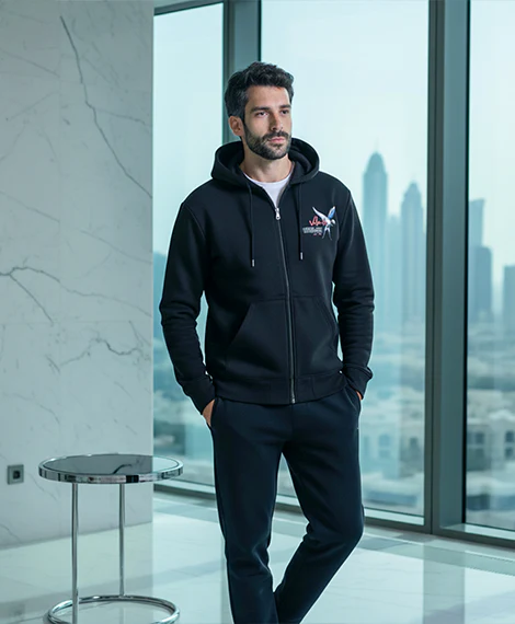 Men’s Black Zip-Up Hoodie with Embroidered Back Design