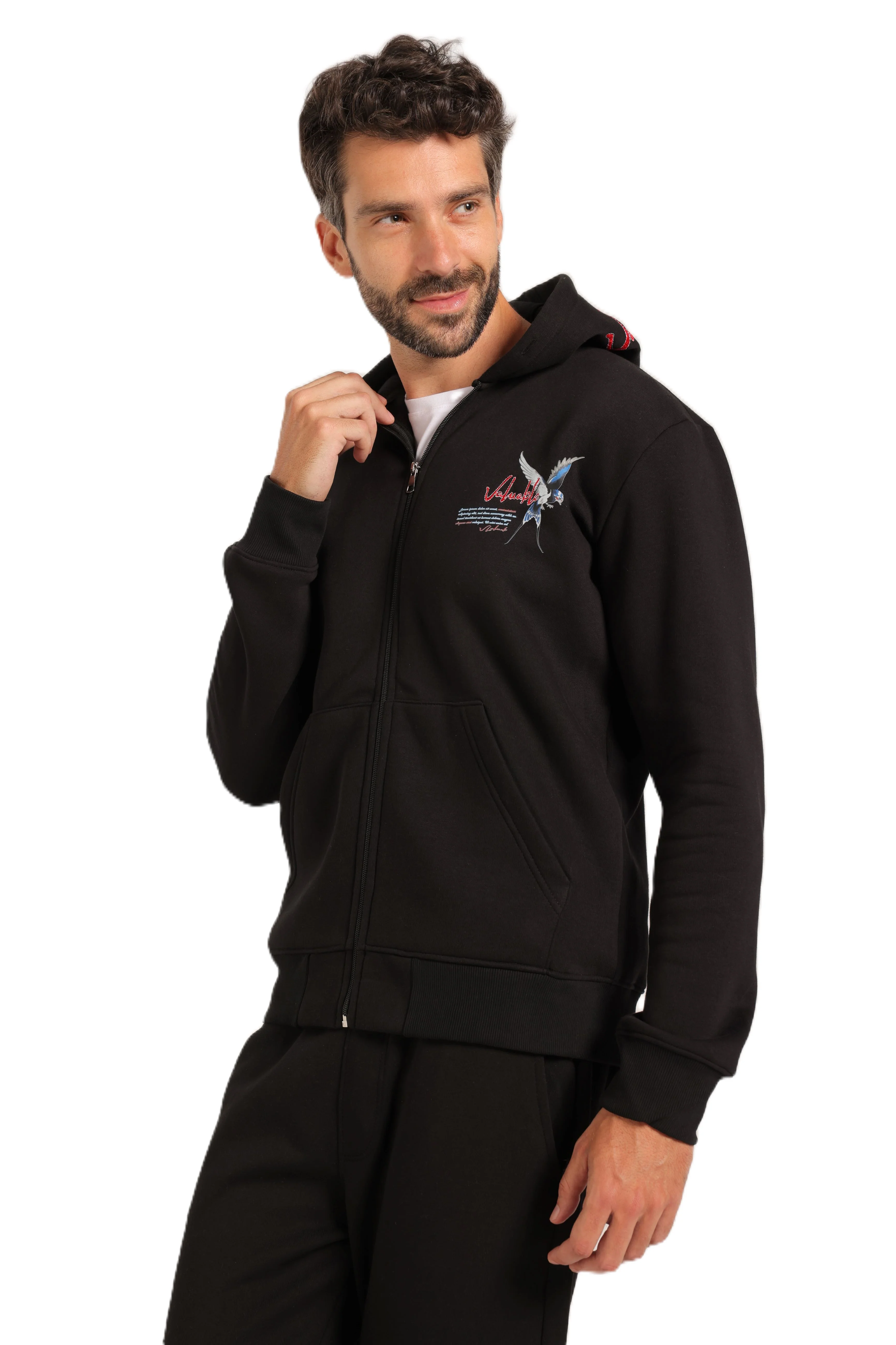 Men’s Black Zip-Up Hoodie with Embroidered Back Design - Image 2