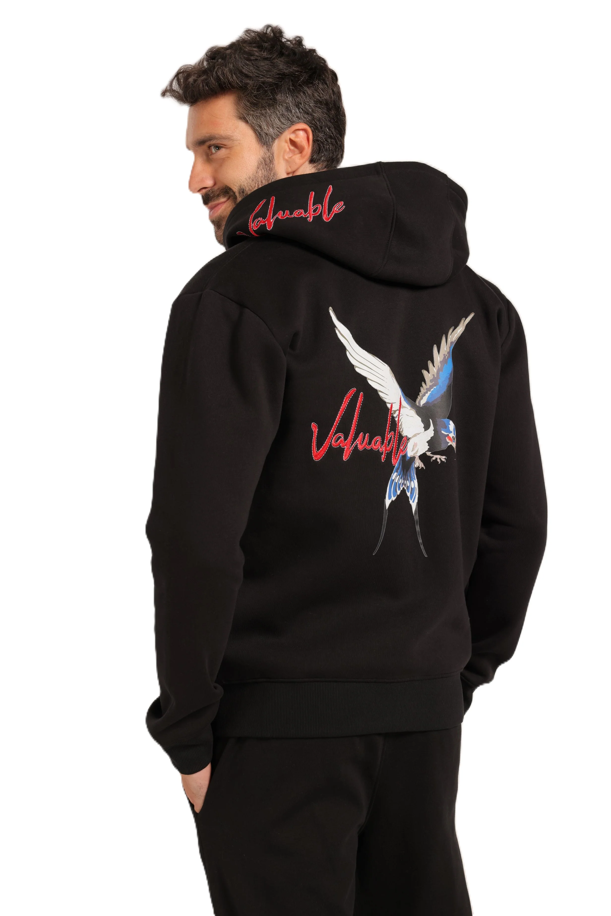 Men’s Black Zip-Up Hoodie with Embroidered Back Design - Image 3