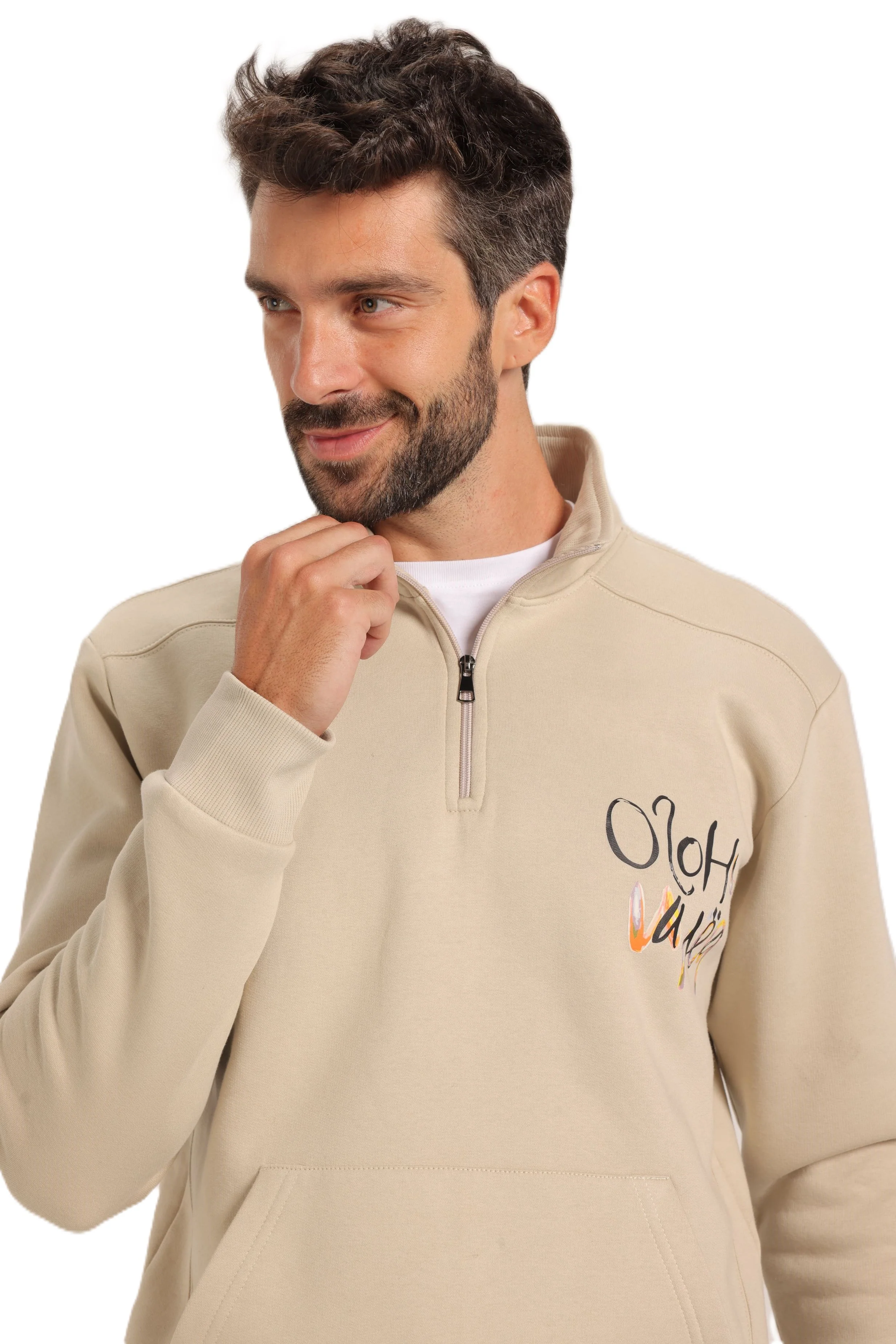 Men’s Casual Beige Sweatshirt – Half-Zip with Unique Print - Image 2