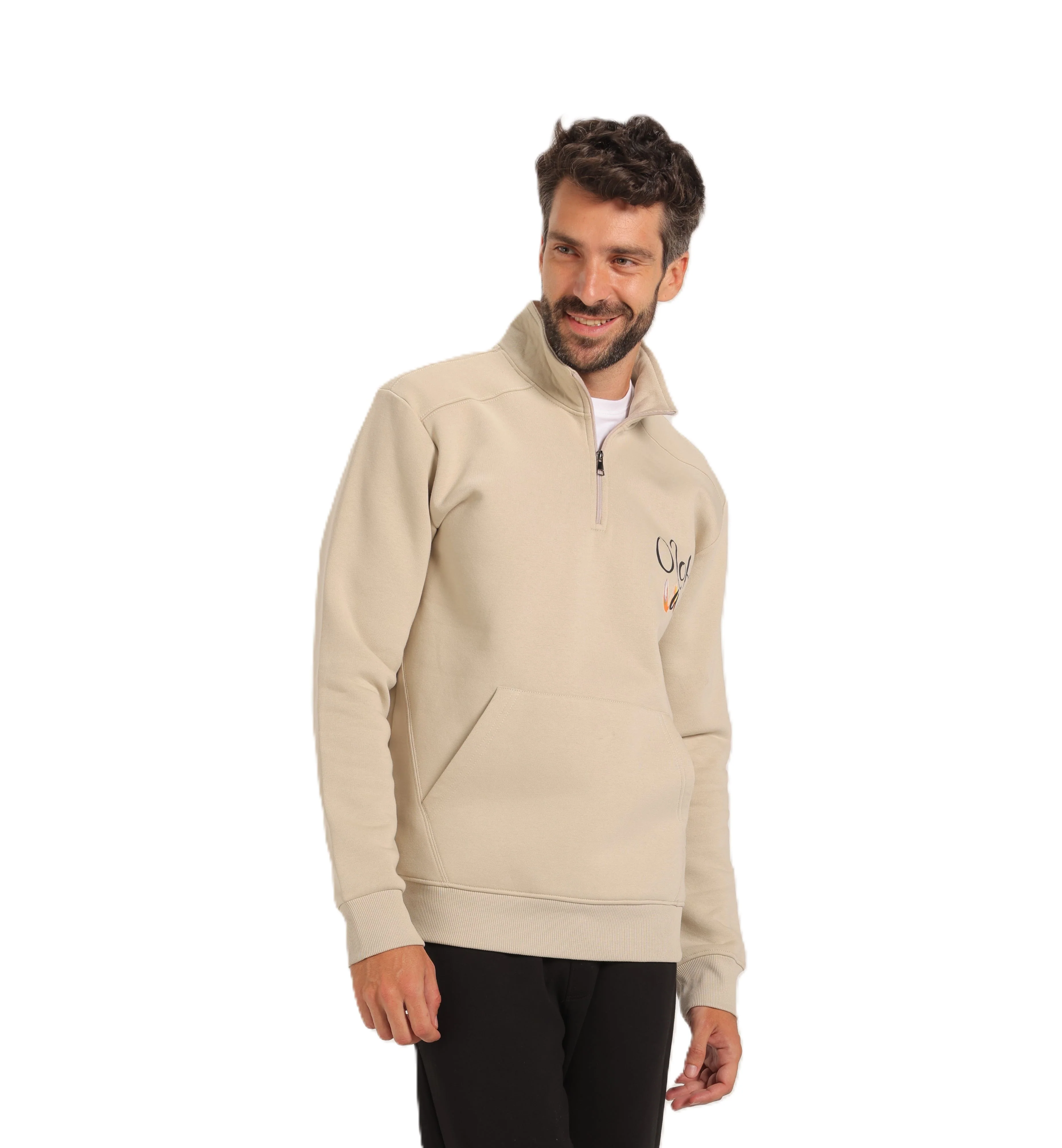 Men’s Casual Beige Sweatshirt – Half-Zip with Unique Print - Image 3