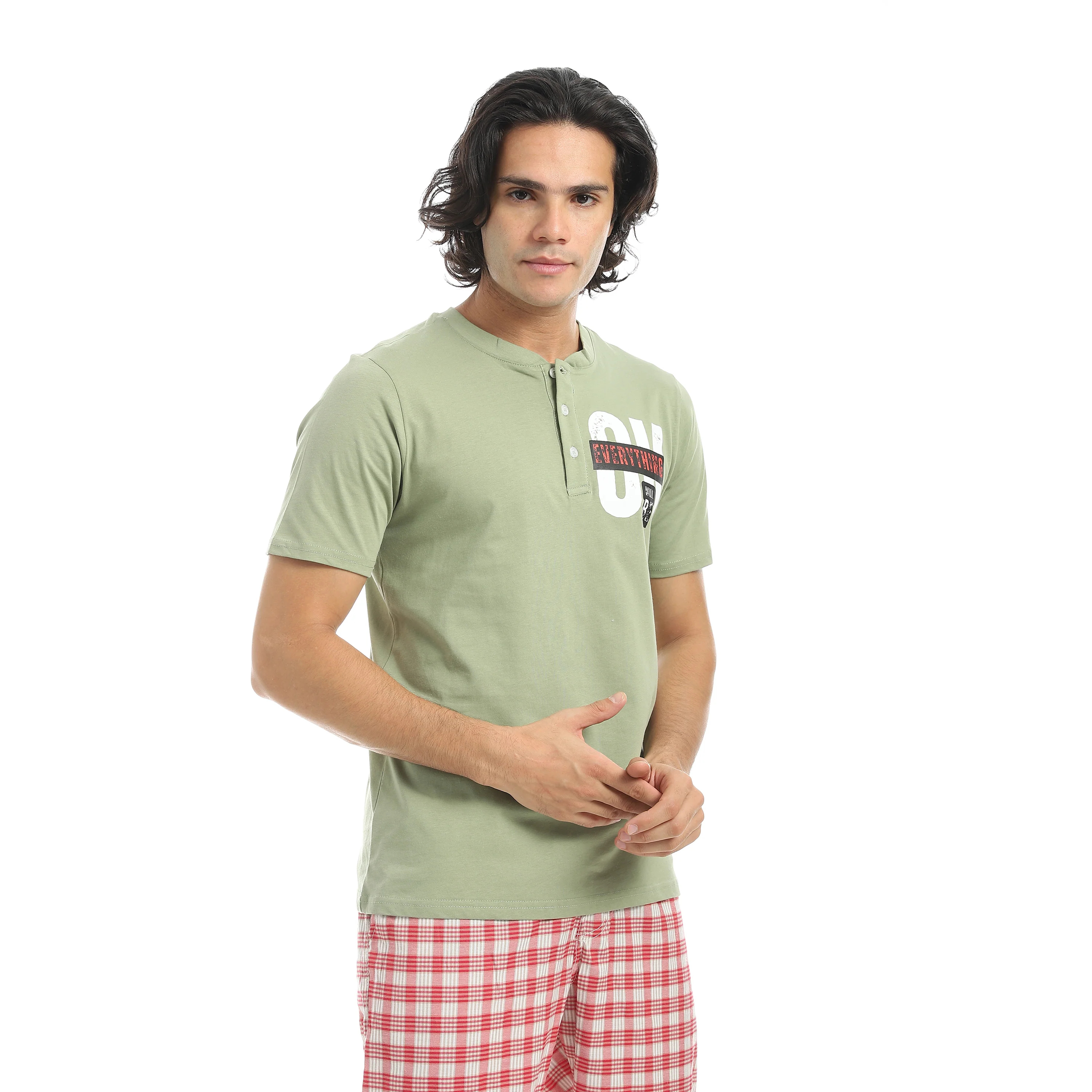 Men’s Cotton Pajama Set – Olive Henley T-Shirt Checkered Pantacourt - Image 2