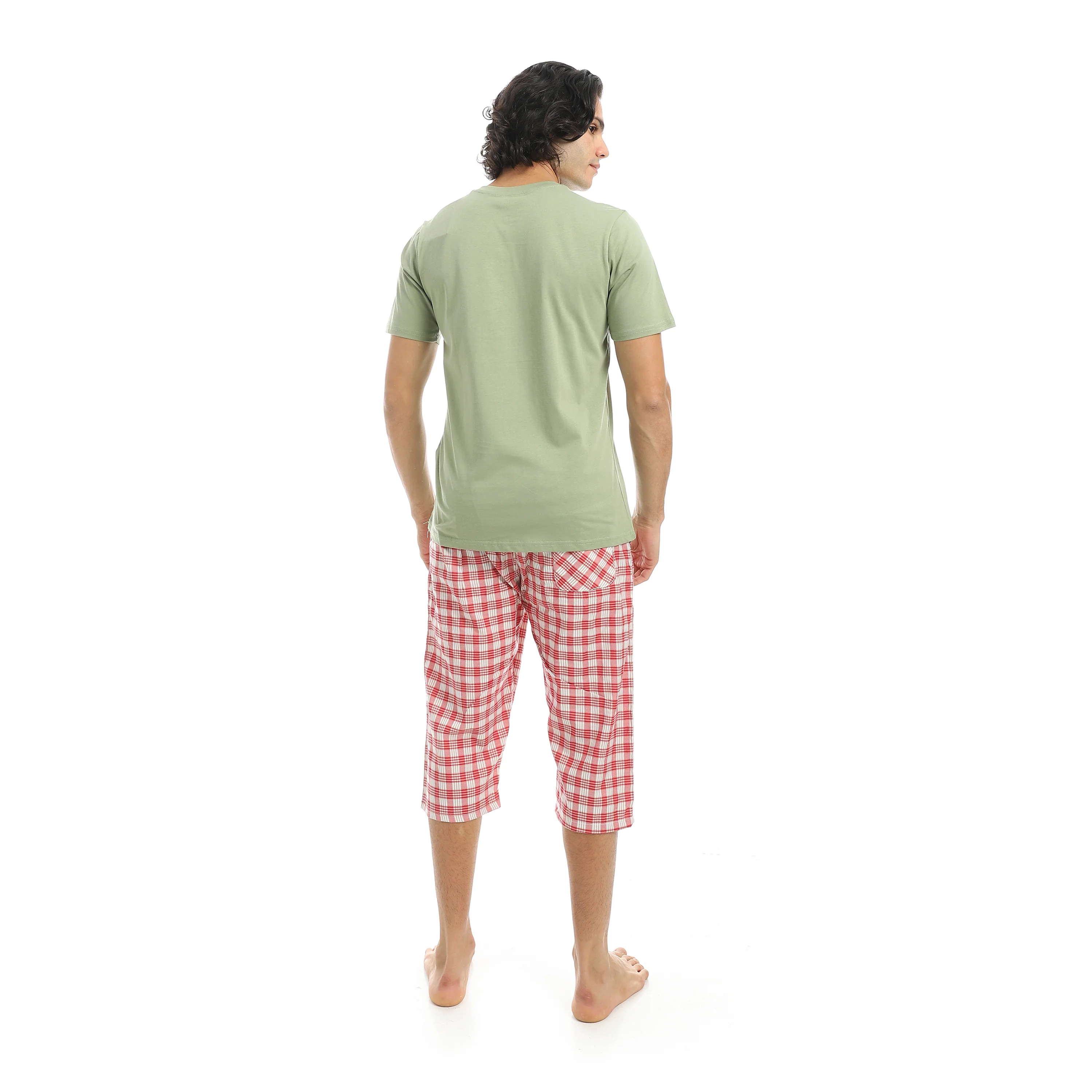 Men’s Cotton Pajama Set – Olive Henley T-Shirt Checkered Pantacourt - Image 3