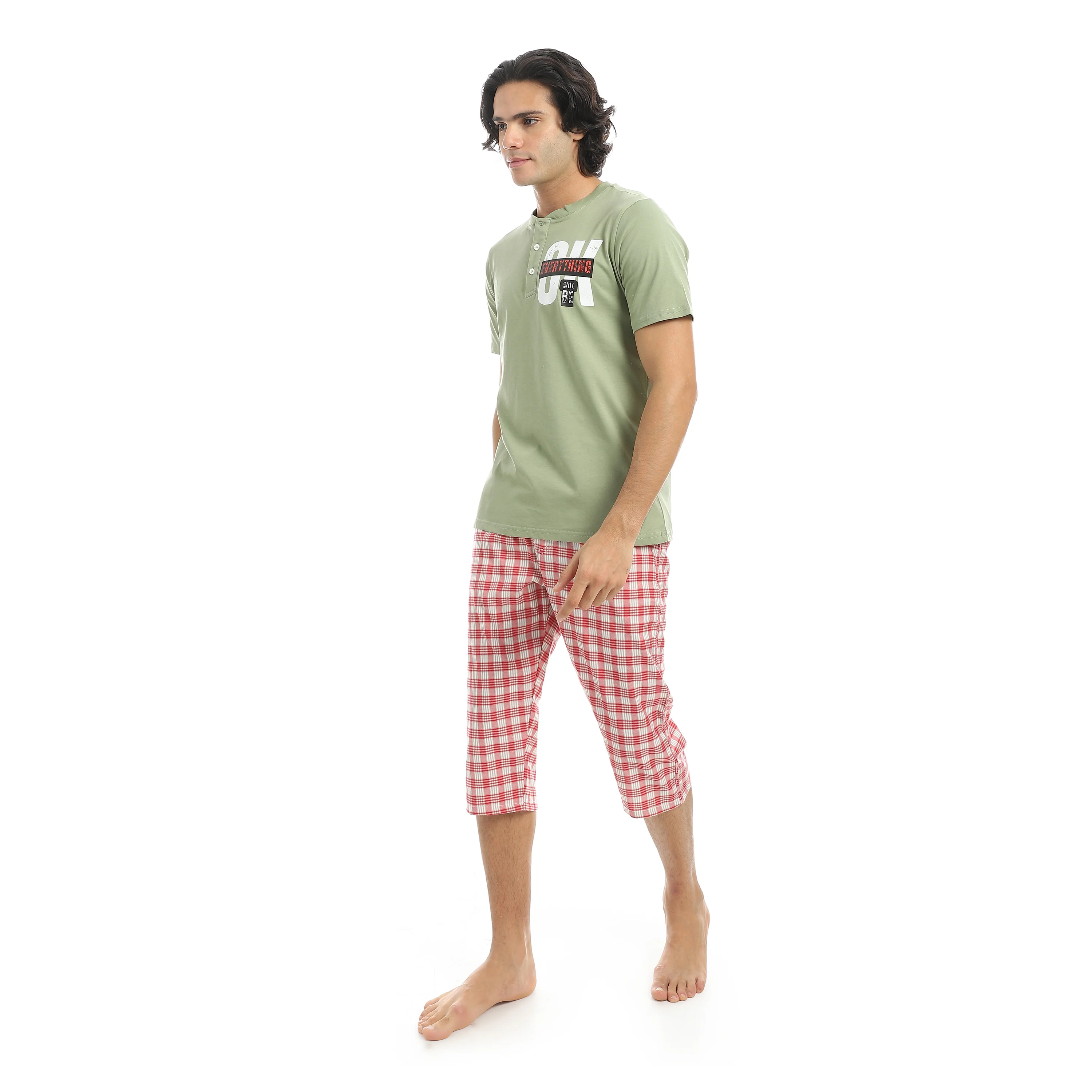 Men’s Cotton Pajama Set – Olive Henley T-Shirt Checkered Pantacourt - Image 4