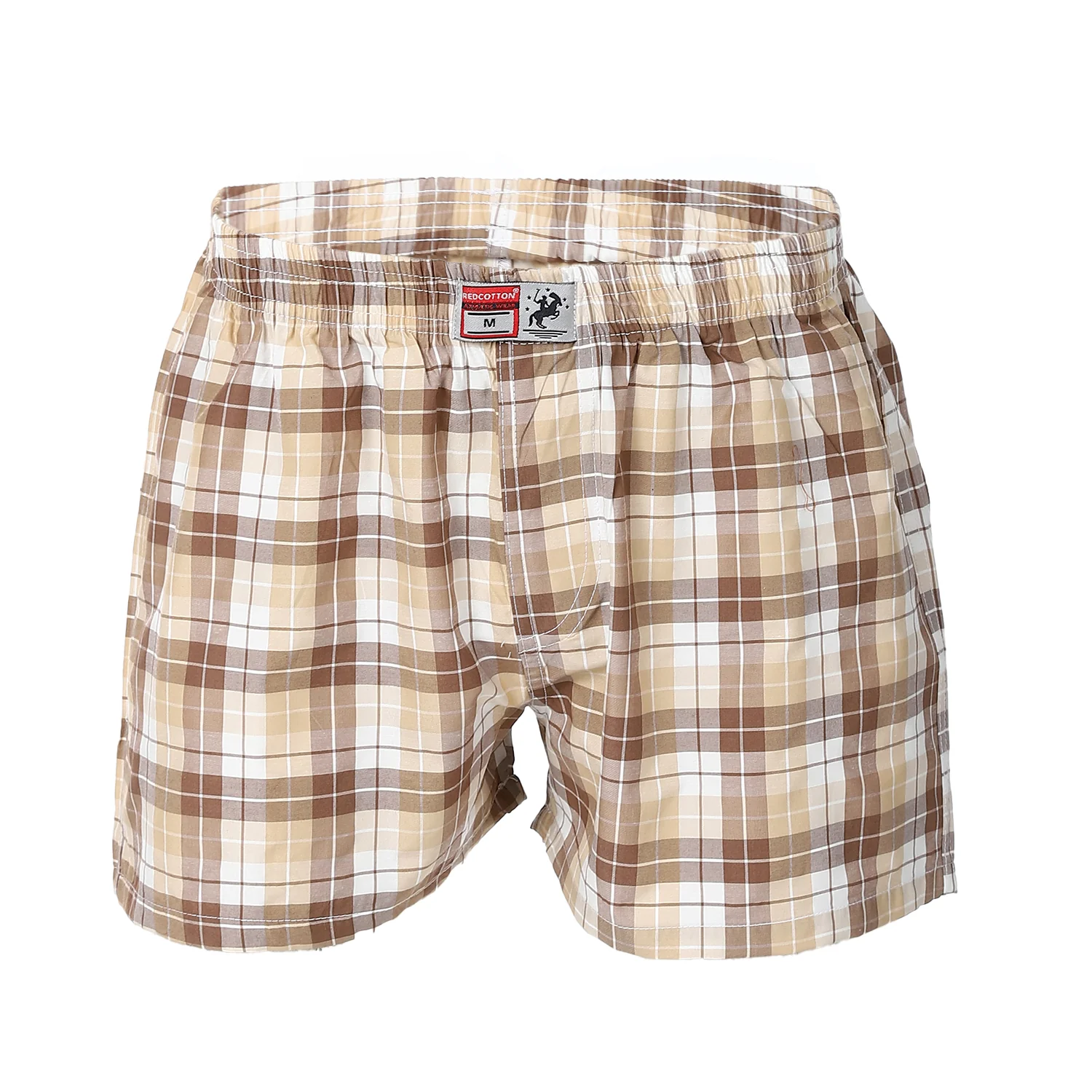 Mens Beige Plaid Cotton Boxer  - Red cotton