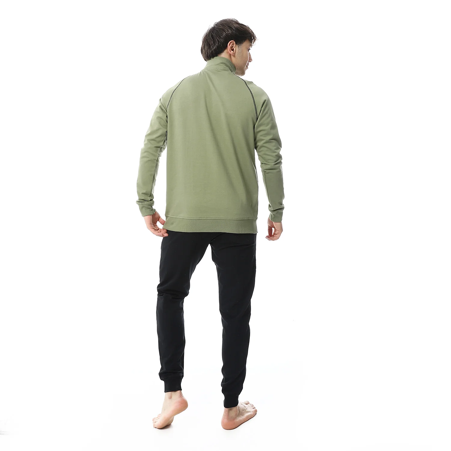 Mens Winter Quarter Zipper Pajama - Dark Green  - Red cotton - Image 3