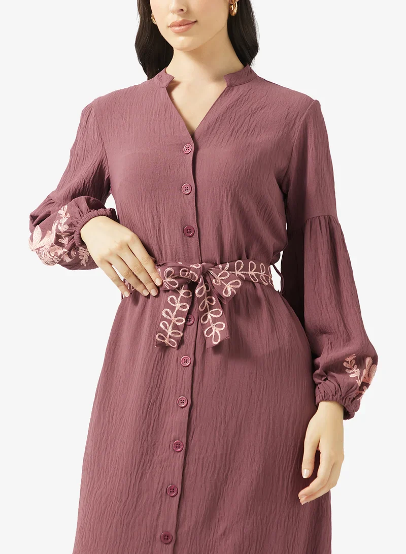 Plum Embroidered Maxi Dress with Belt - Image 2