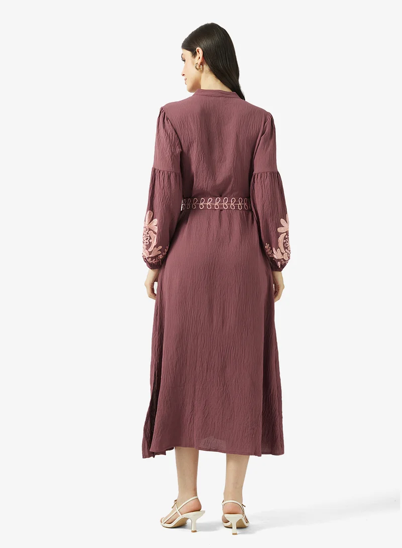 Plum Embroidered Maxi Dress with Belt - Image 3