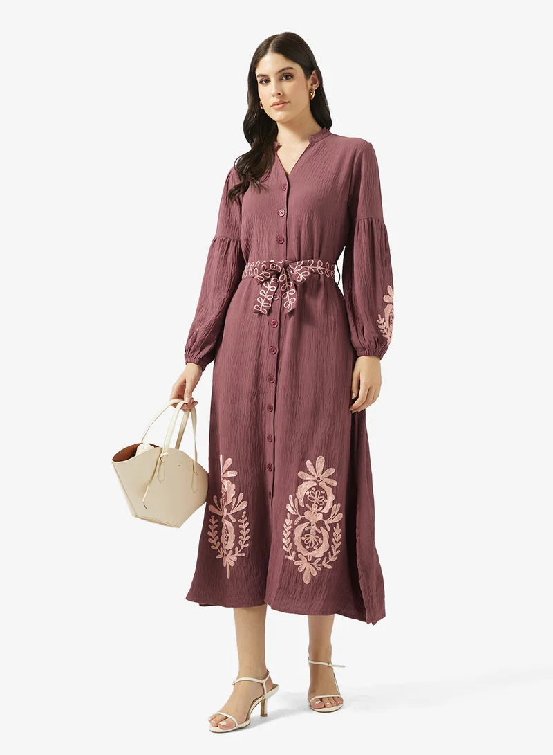 Plum Embroidered Maxi Dress with Belt - Image 4