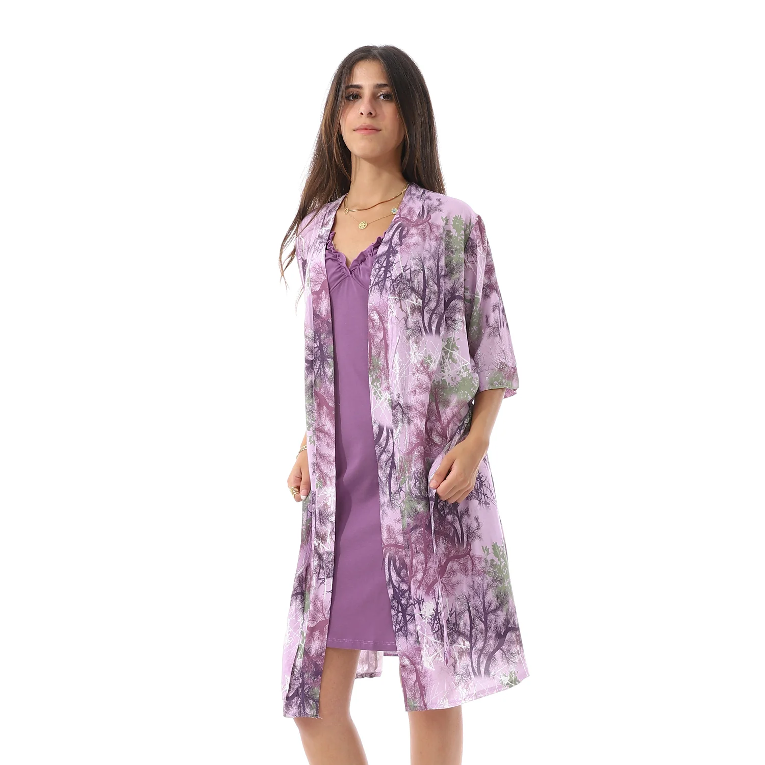 Purple Solid Short Nightgown & Colorful Floral Robe Set - Image 2