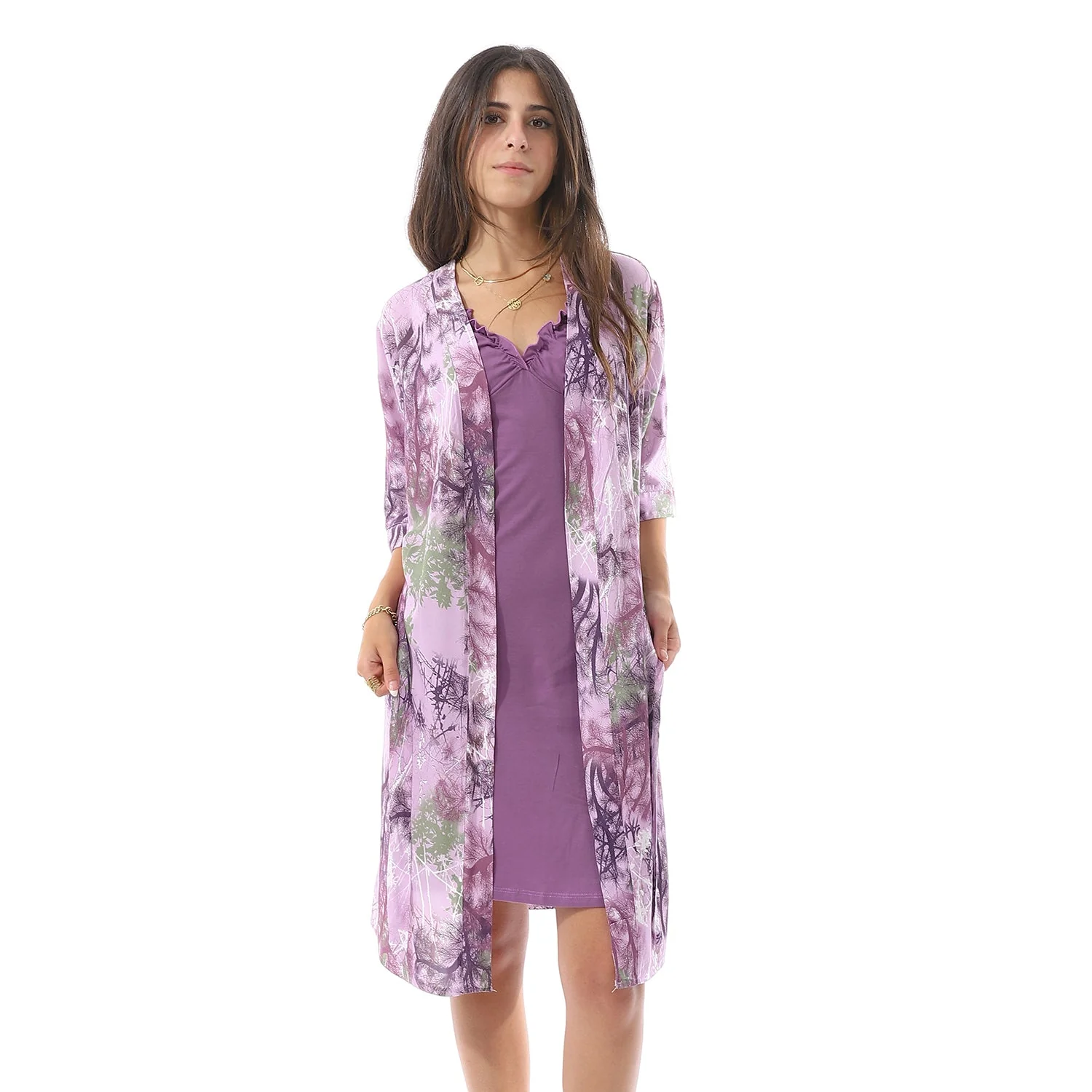 Purple Solid Short Nightgown & Colorful Floral Robe Set - Image 4