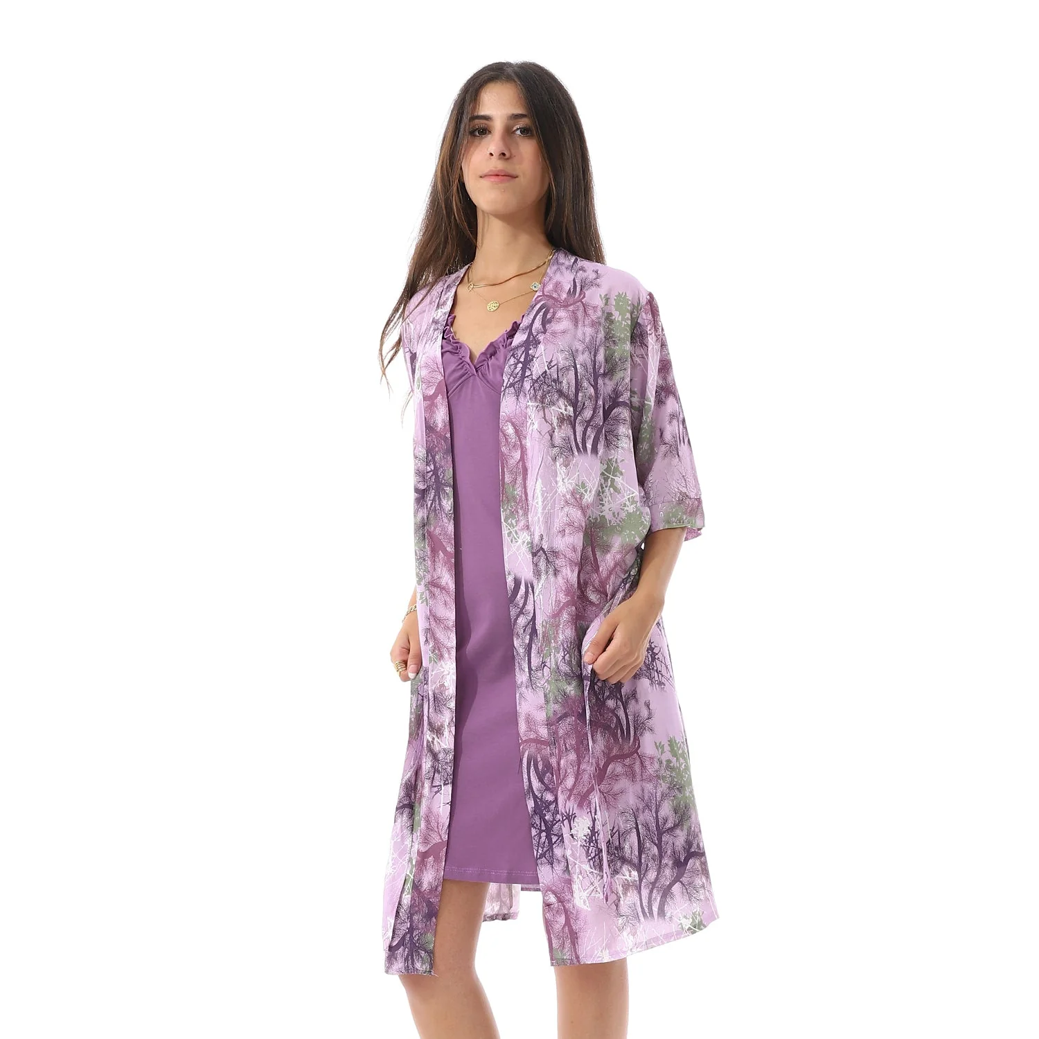 Purple Solid Short Nightgown & Colorful Floral Robe Set - Image 8