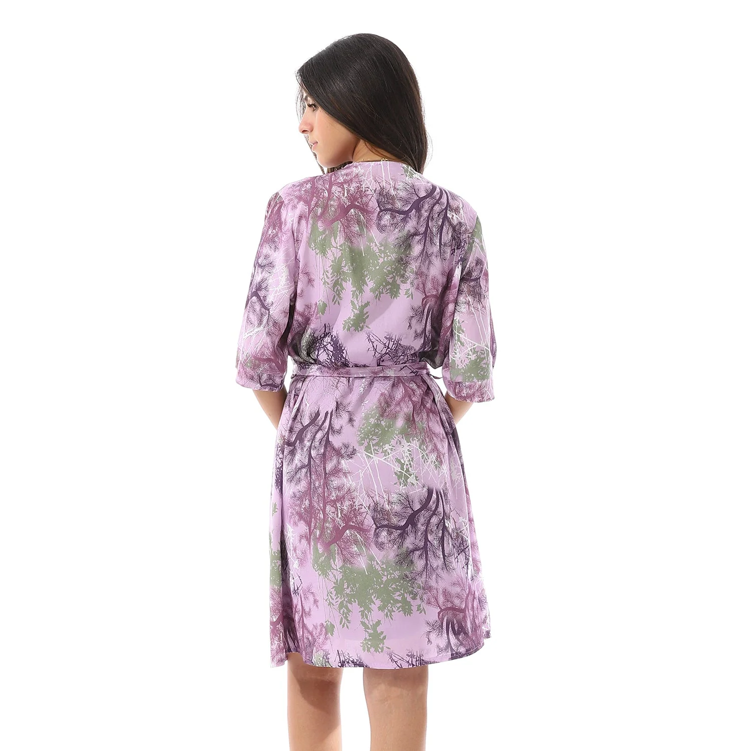 Purple Solid Short Nightgown & Colorful Floral Robe Set - Image 9