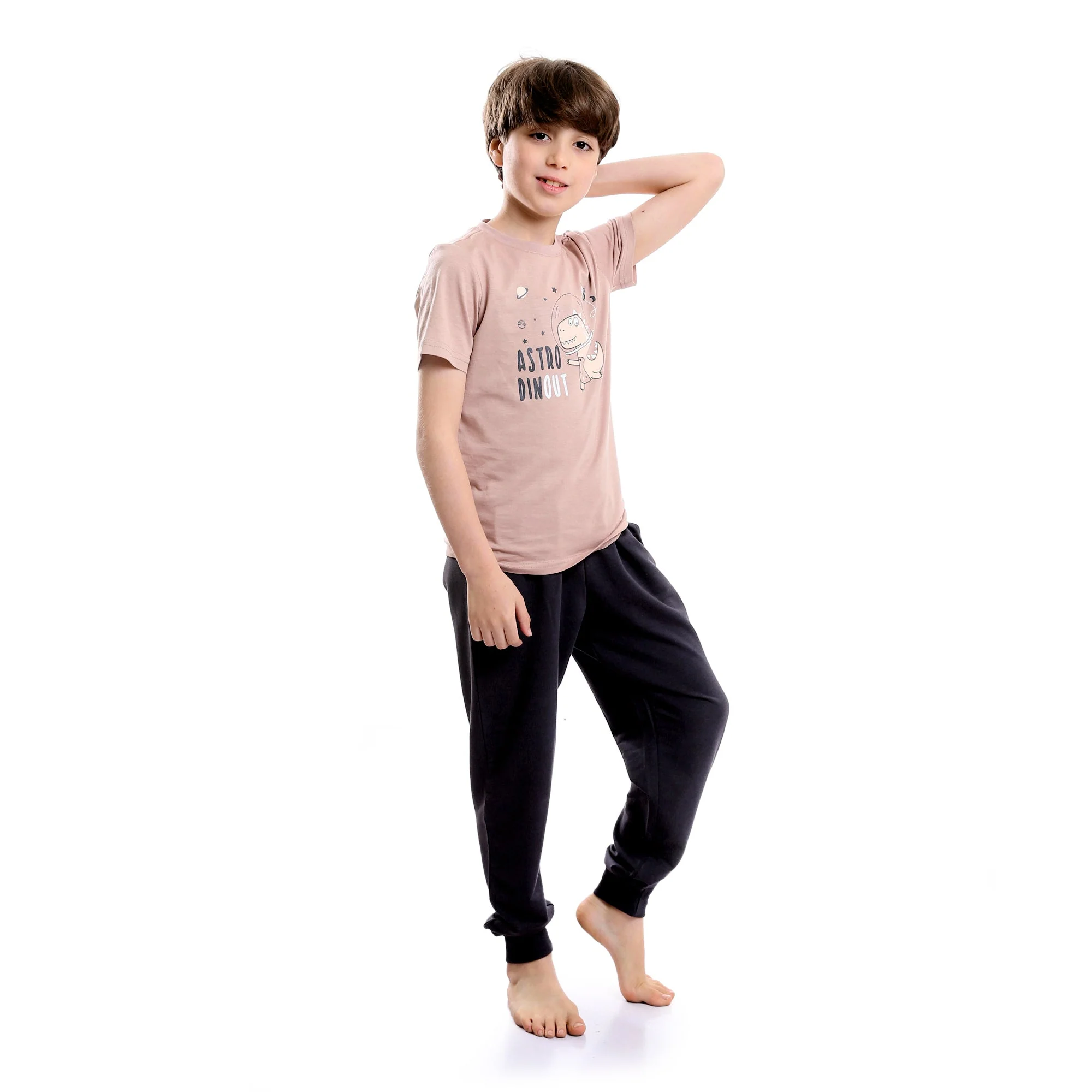 Boys Printed Dinosaur Cashmere Tee & Grey Pants Pajama Set - Image 3