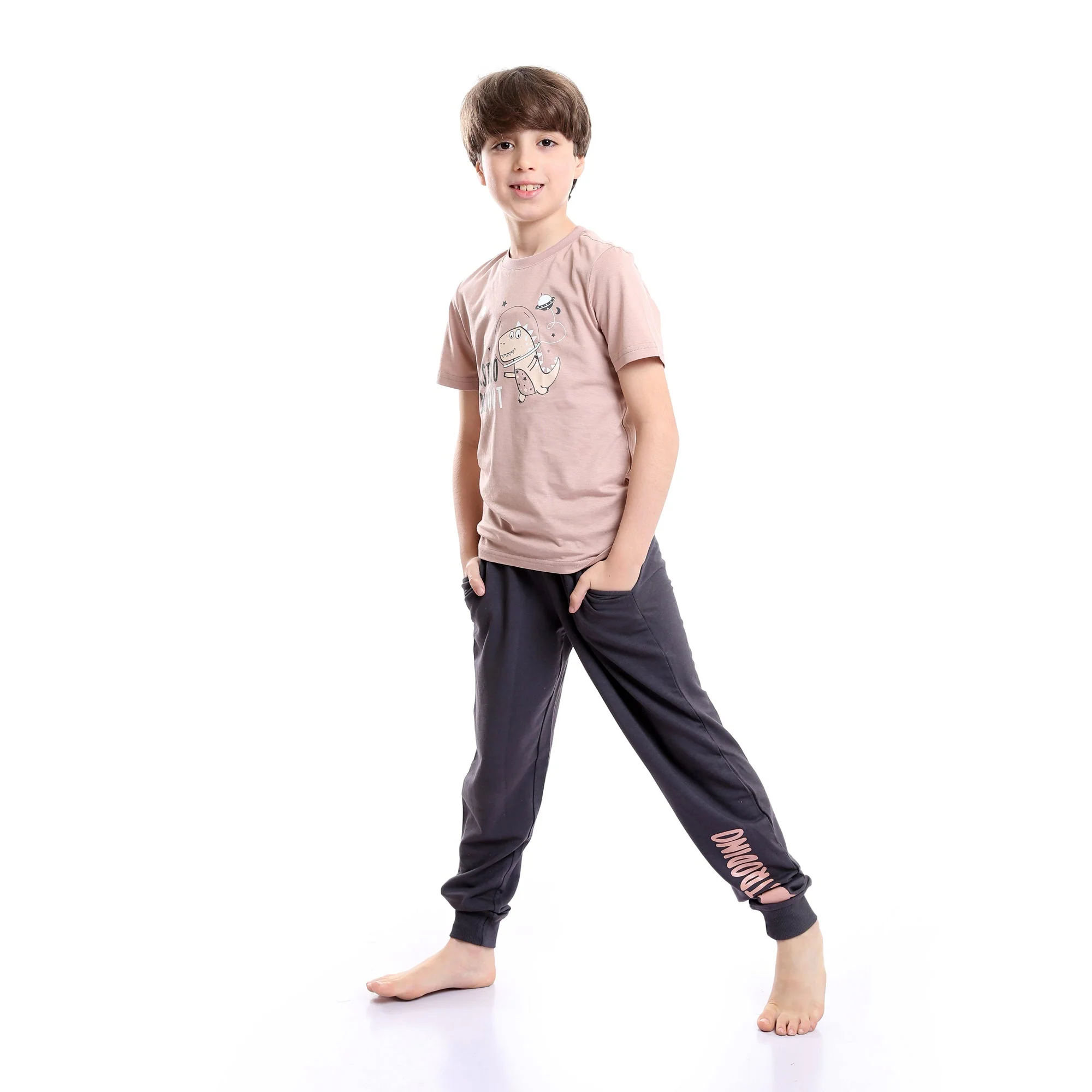 Boys Printed Dinosaur Cashmere Tee & Grey Pants Pajama Set - Image 5