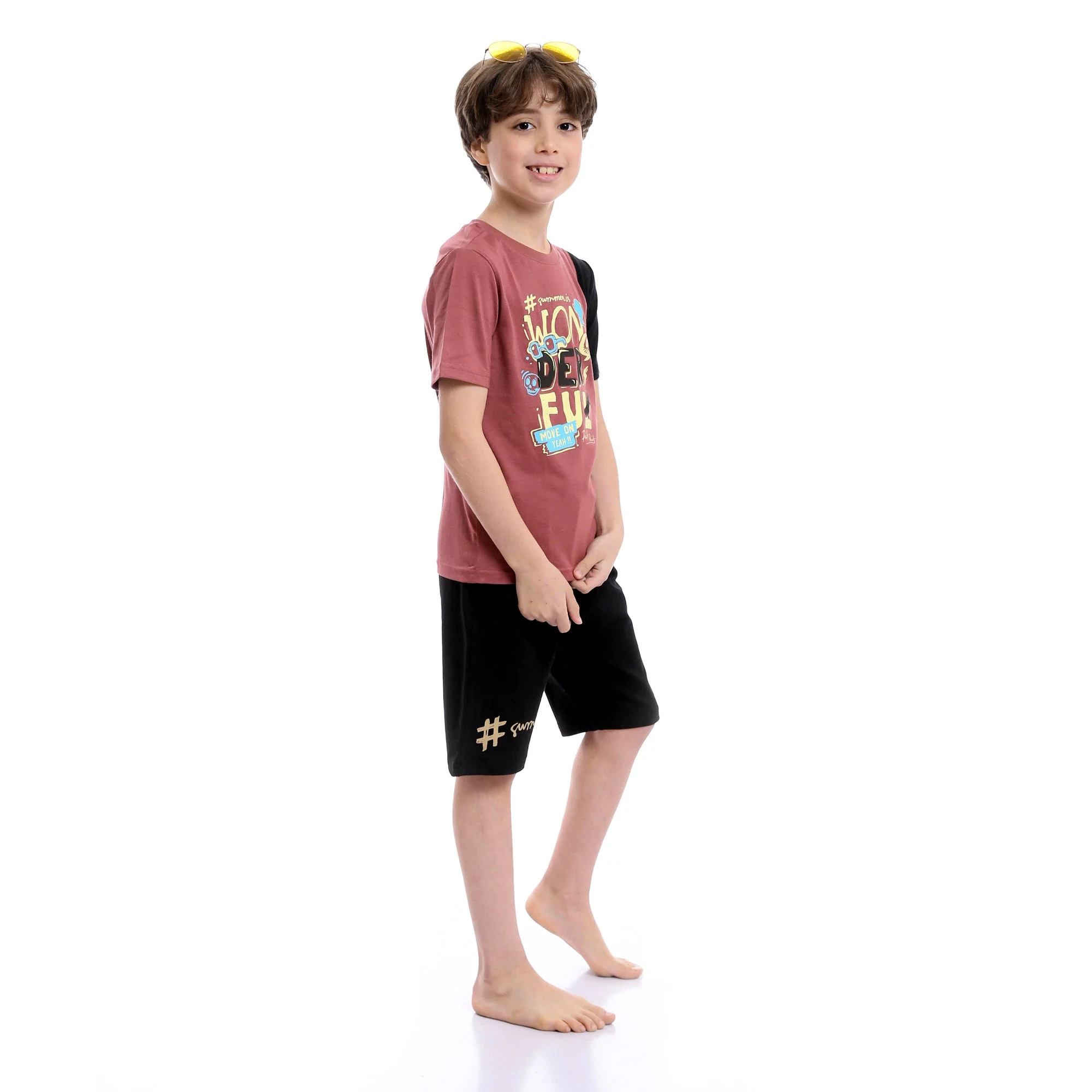 Boys Bi-Tone Printed Summer Shorts Pajama Set - Dusty Rose & Black - Image 3