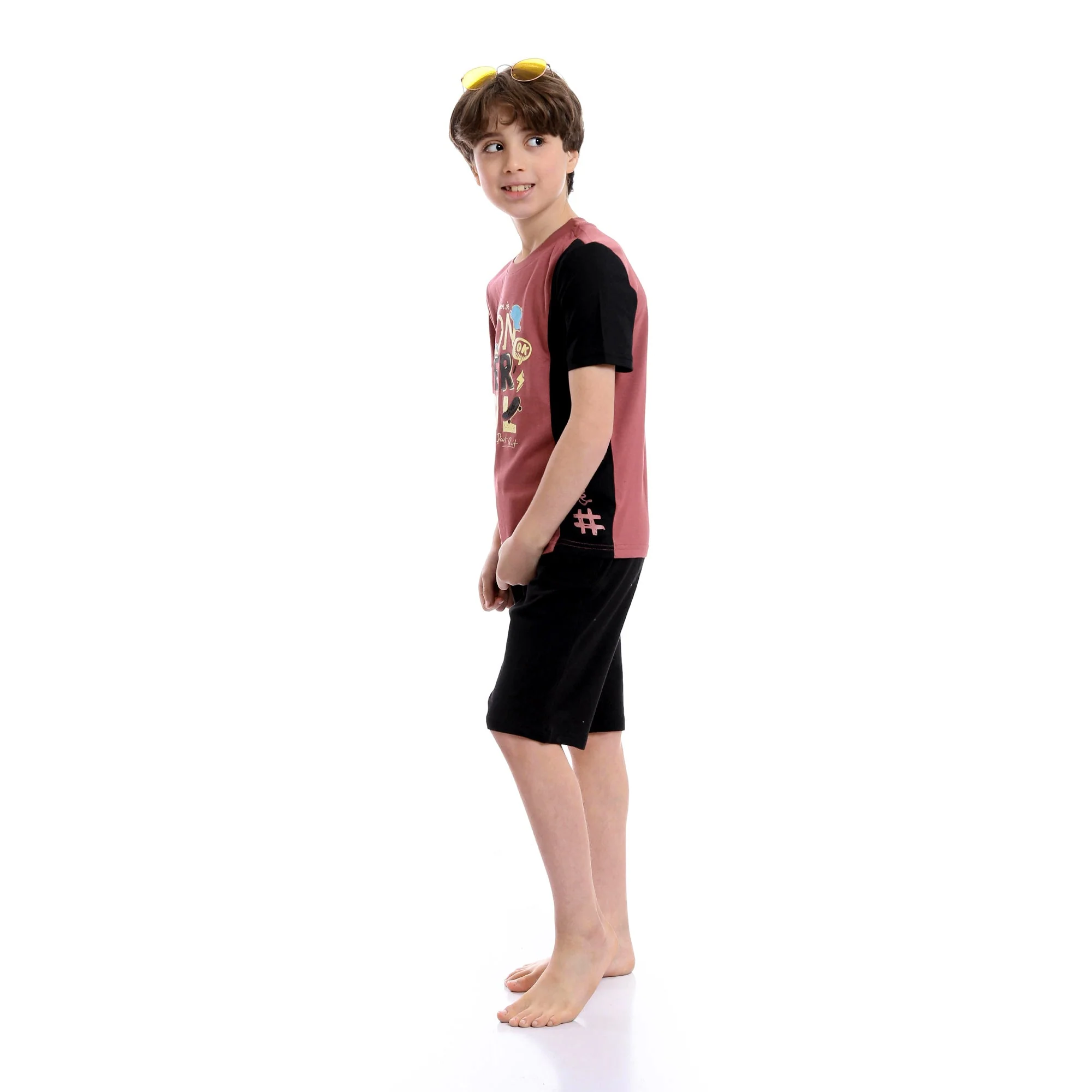 Boys Bi-Tone Printed Summer Shorts Pajama Set - Dusty Rose & Black - Image 4