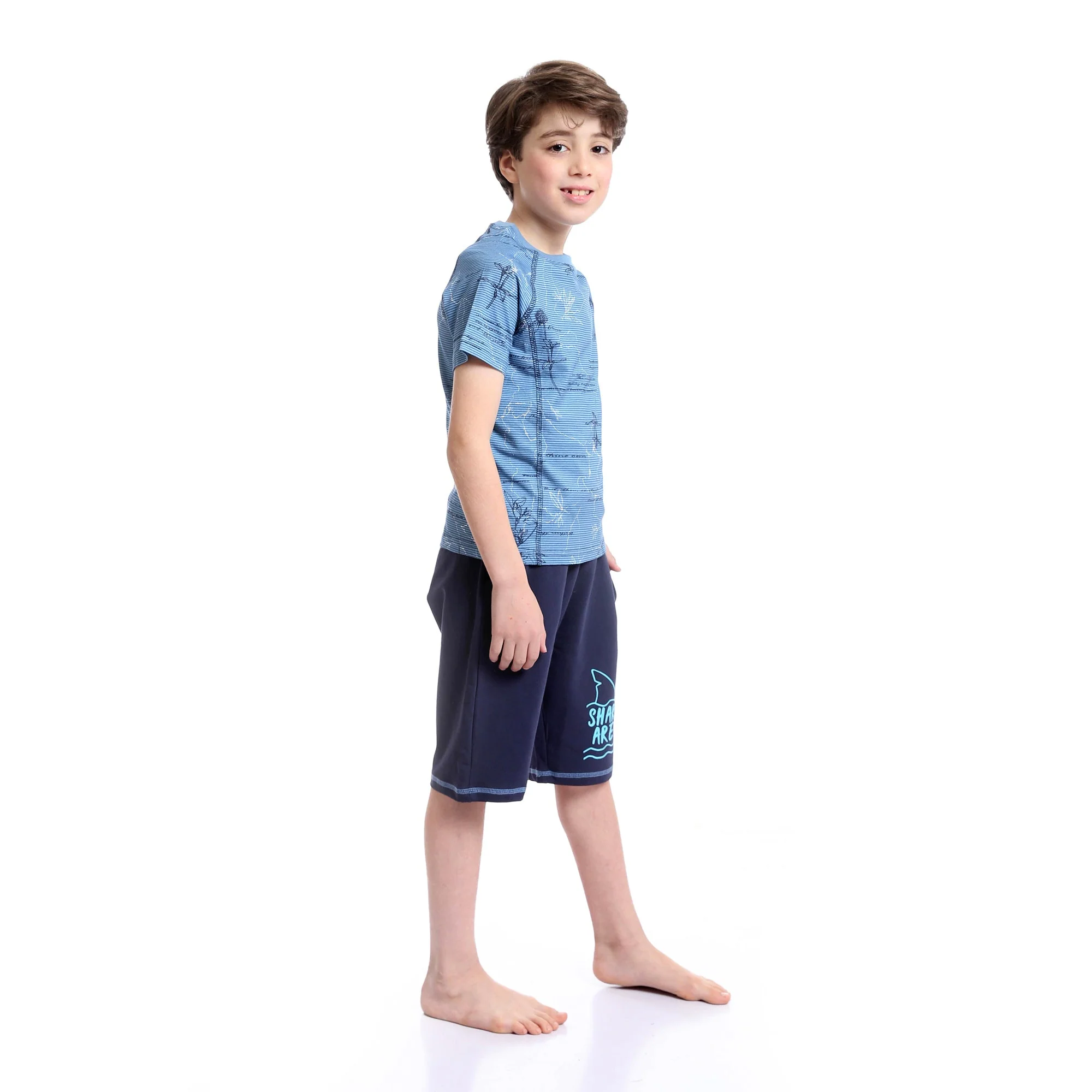 Boys Short Sleeves Tee & Slip On Shorts Pajama Set - Baby Blue & Navy Blue - Image 3