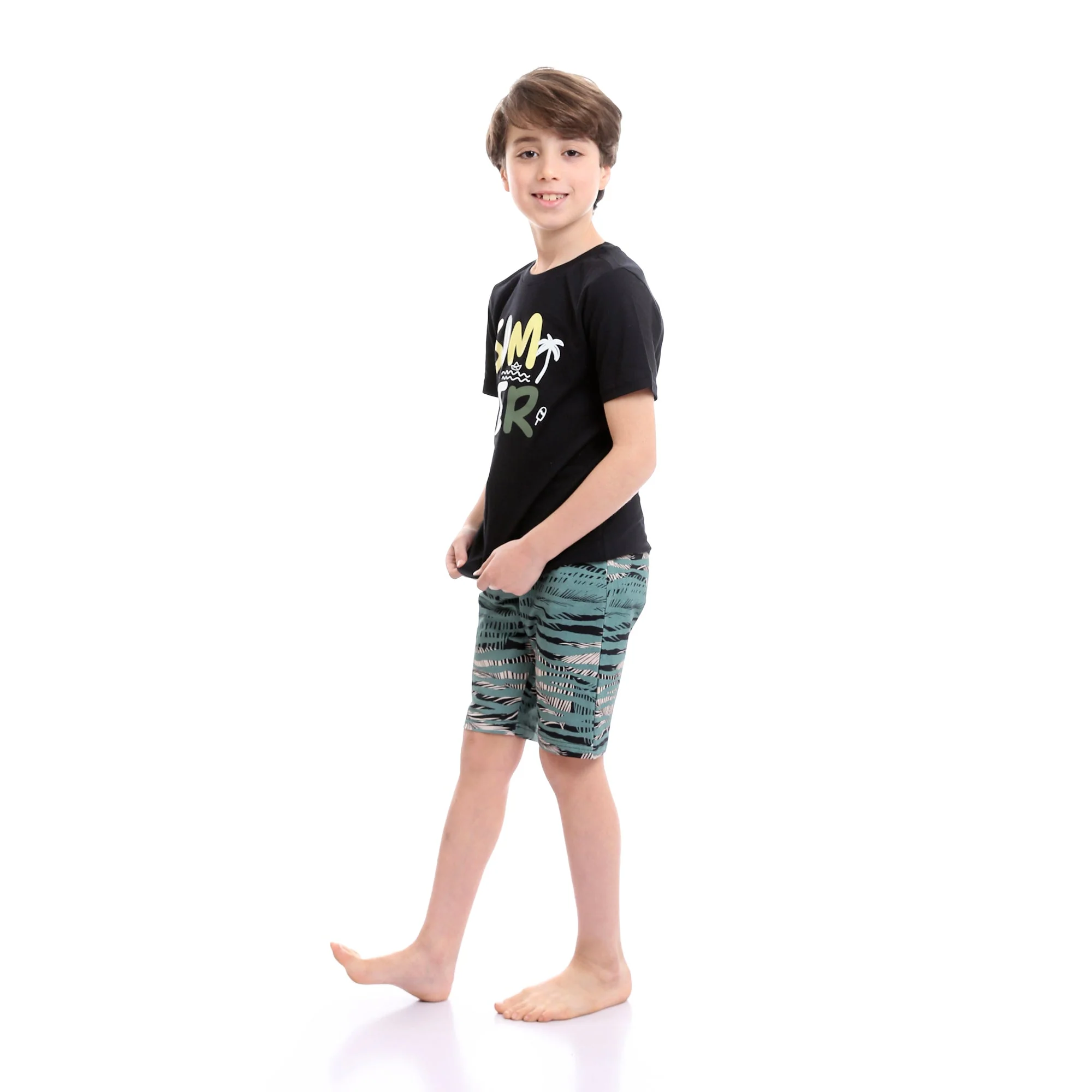 Boys Printed Colorful Summer & Shorts Pajama Set - Black & Mint Green - Image 3