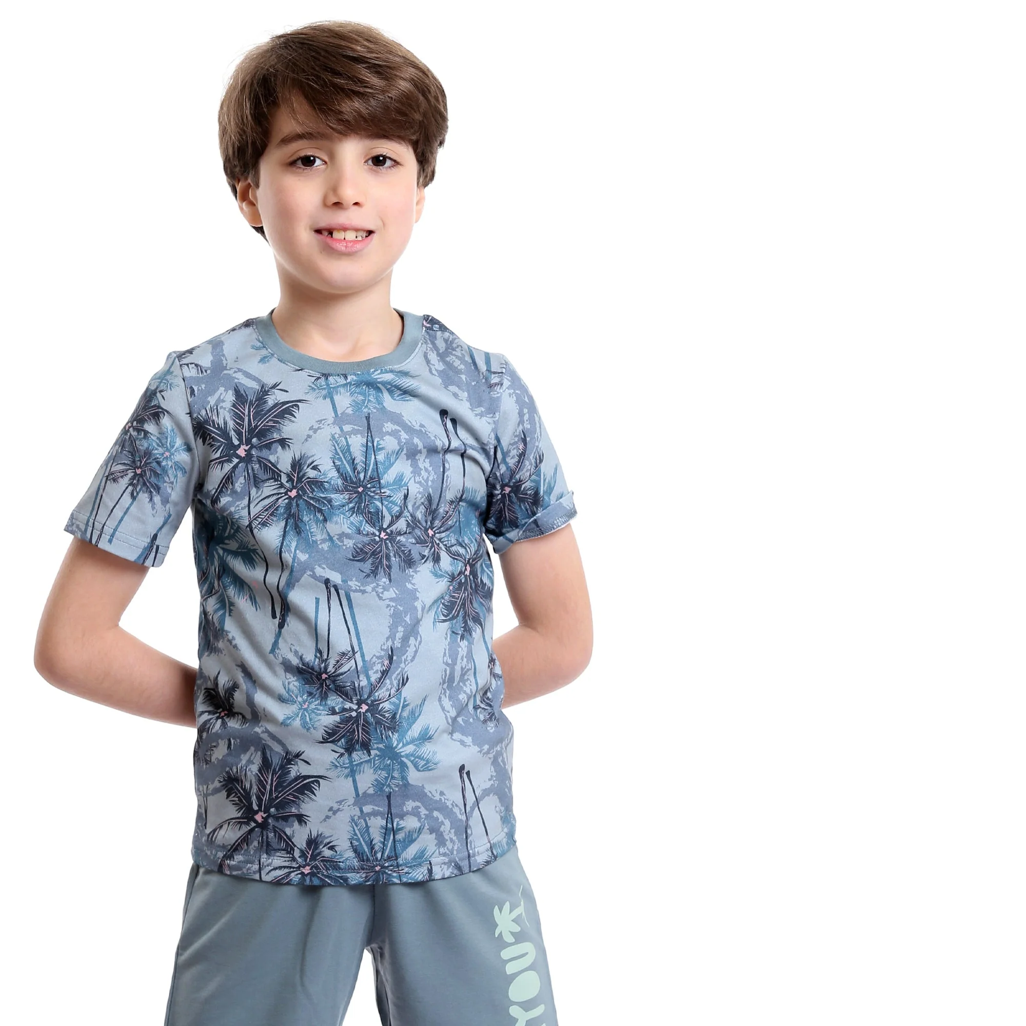Boys Palm Tree Tee & Shorts Pajama Set - Dusty Blue & Grey - Image 2