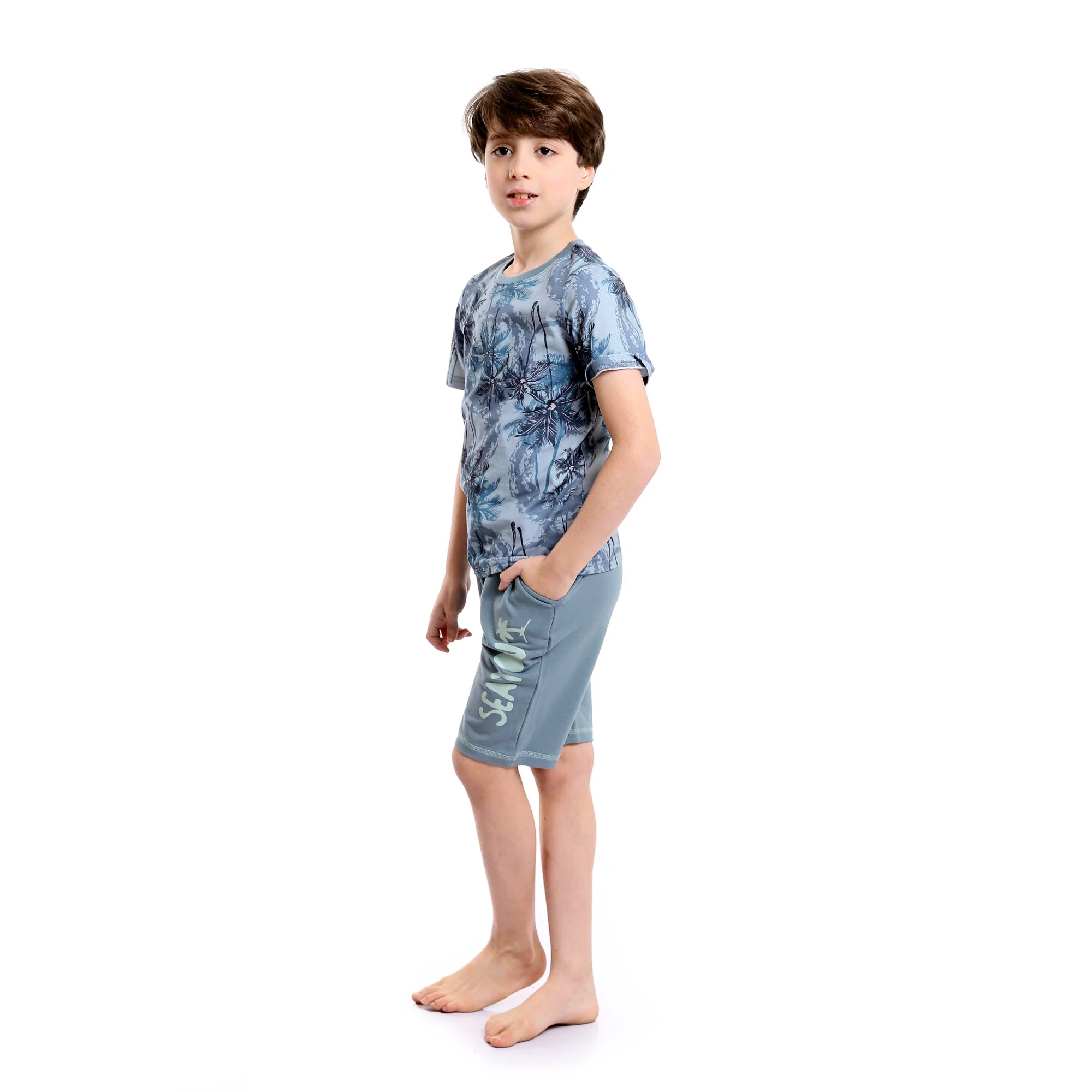 Boys Palm Tree Tee & Shorts Pajama Set - Dusty Blue & Grey - Image 3