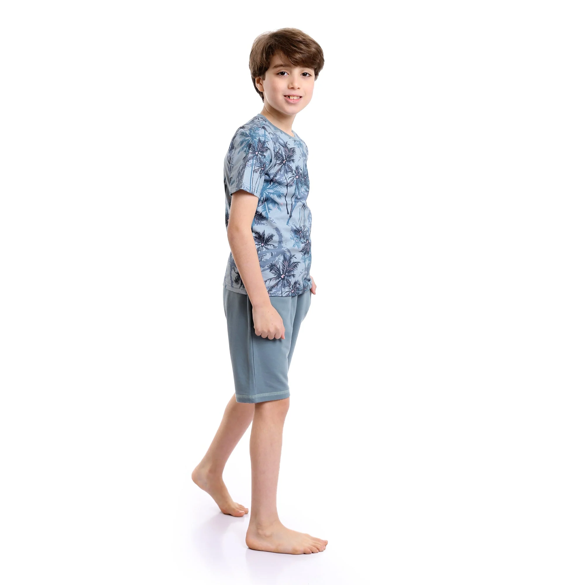 Boys Palm Tree Tee & Shorts Pajama Set - Dusty Blue & Grey - Image 4